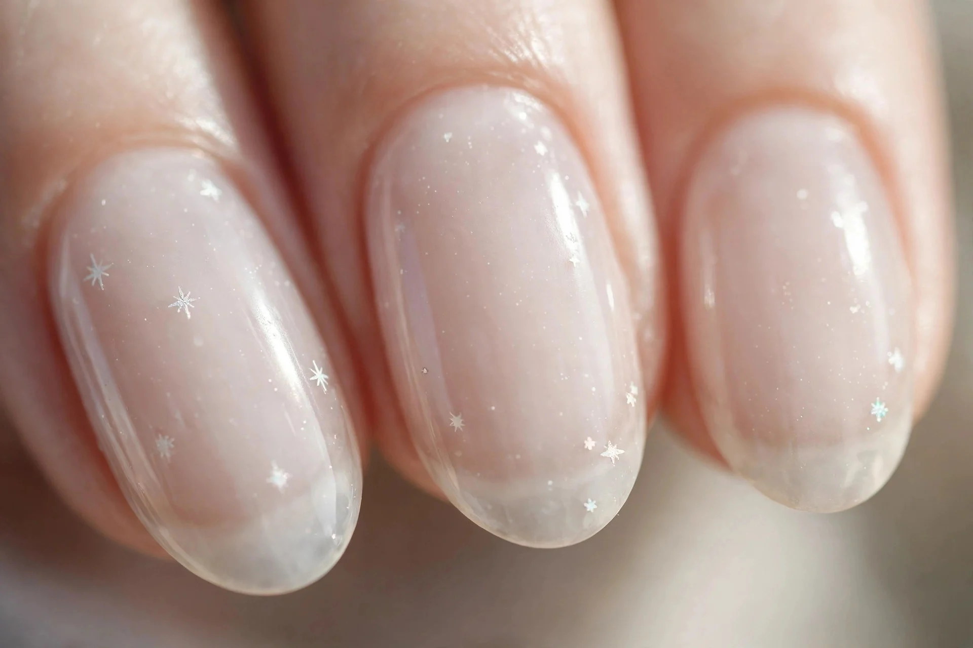 Milky sheer nails with tiny white micro-star decals, oval