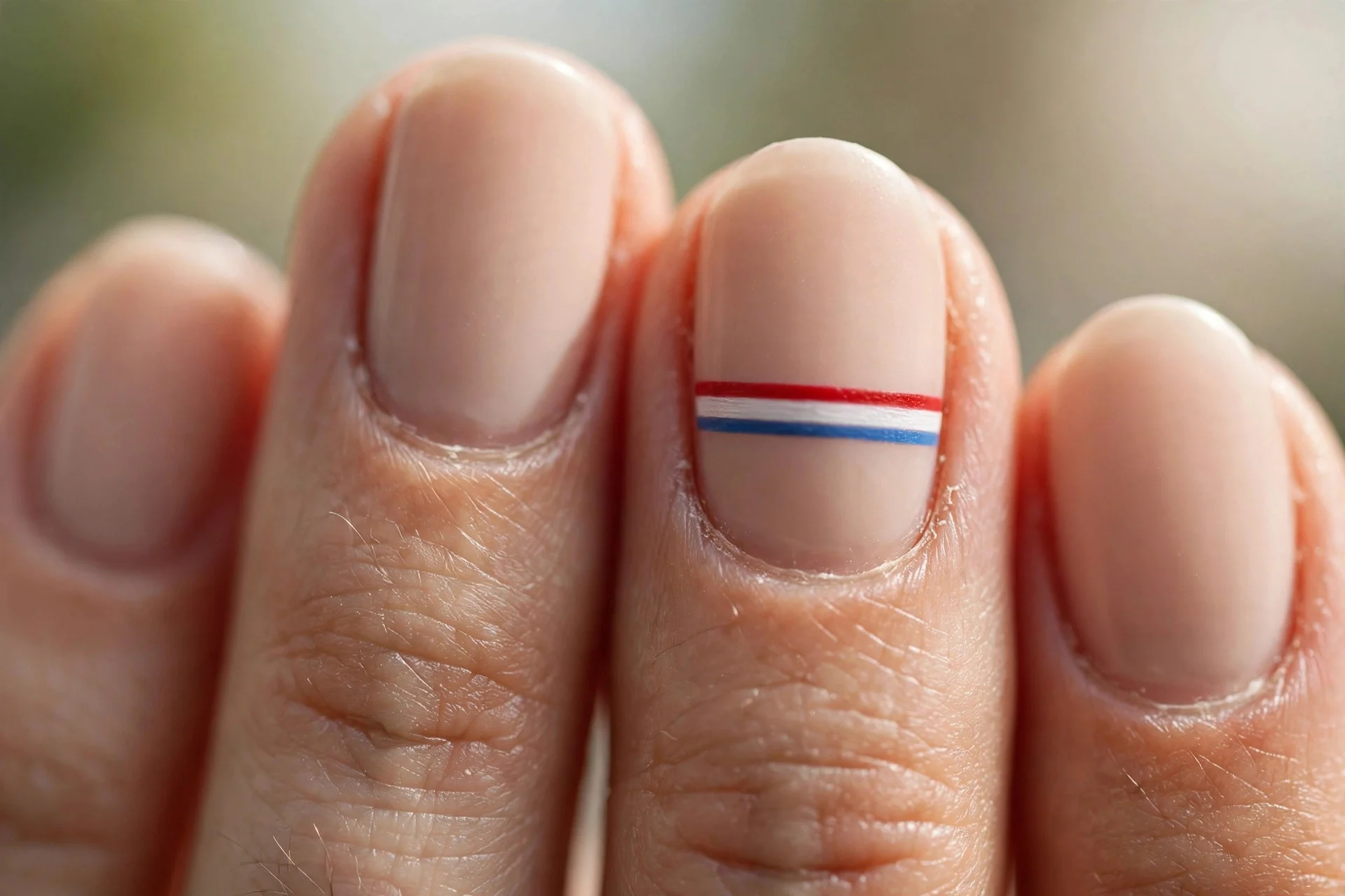 Nude manicure with one red white blue striped accent nail, oval