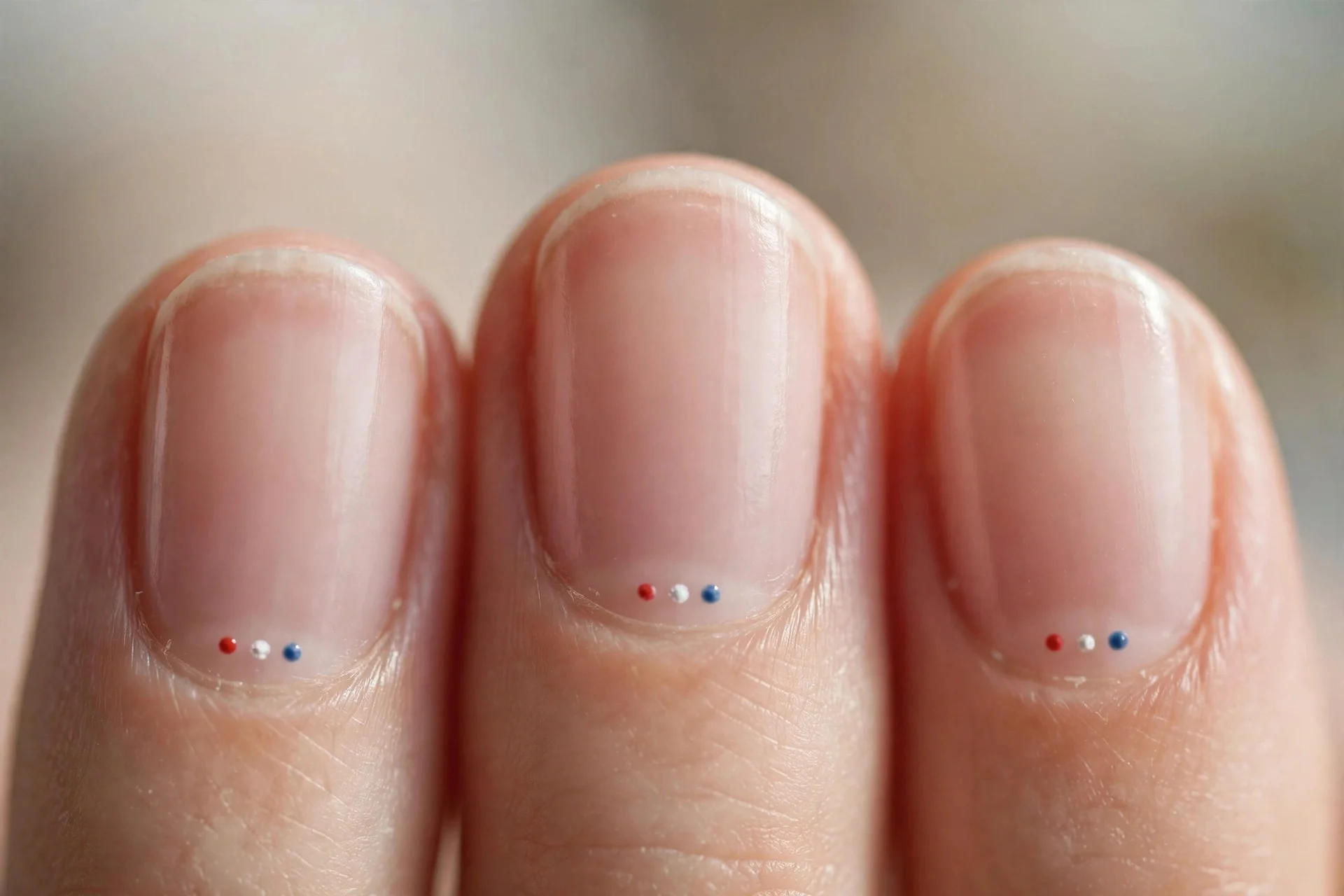 Natural glossy nails with tiny red white blue dot trio near cuticle, short oval