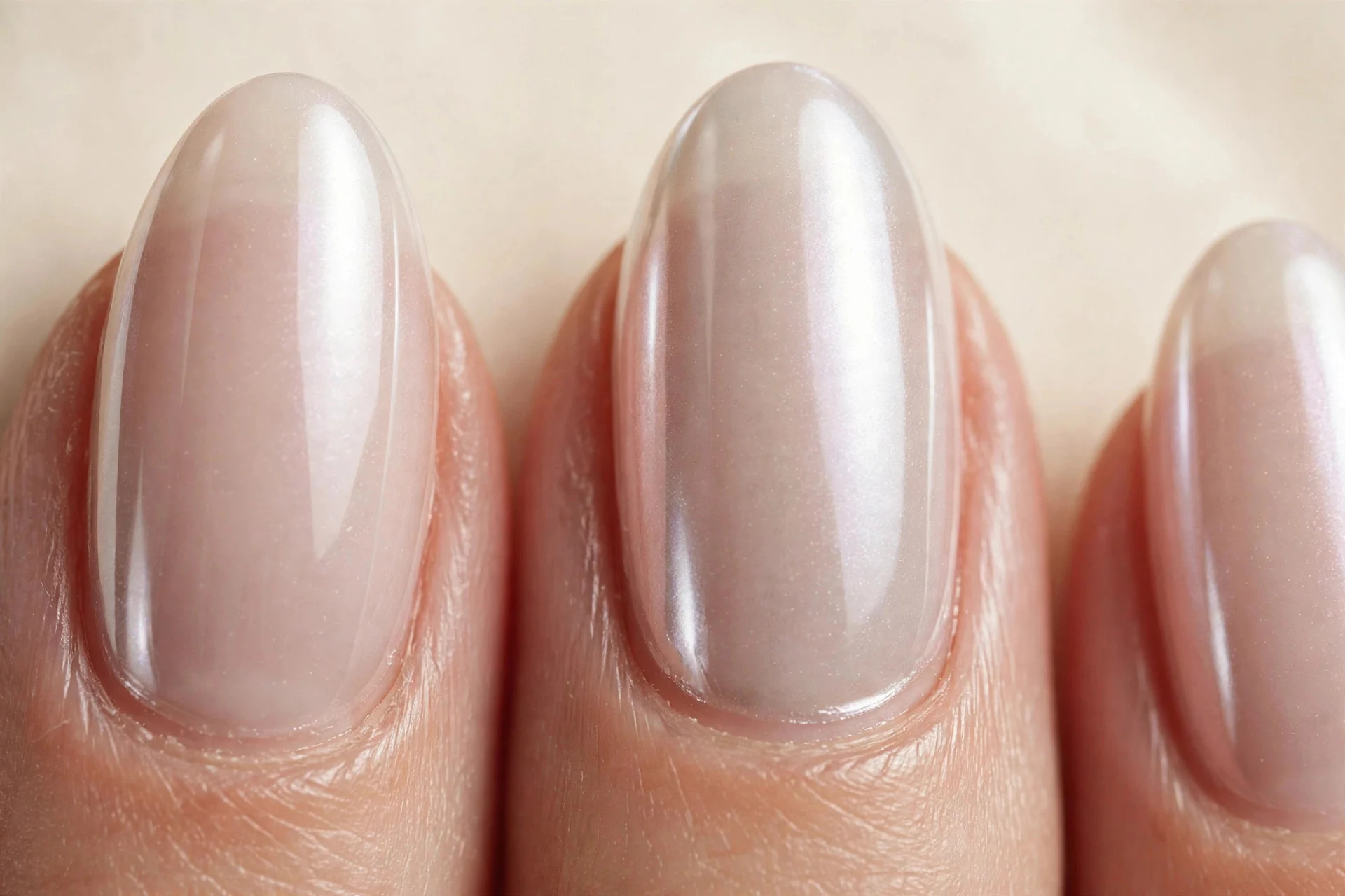 Almond nails with glazed donut chrome finish over sheer nude, glossy, cream background