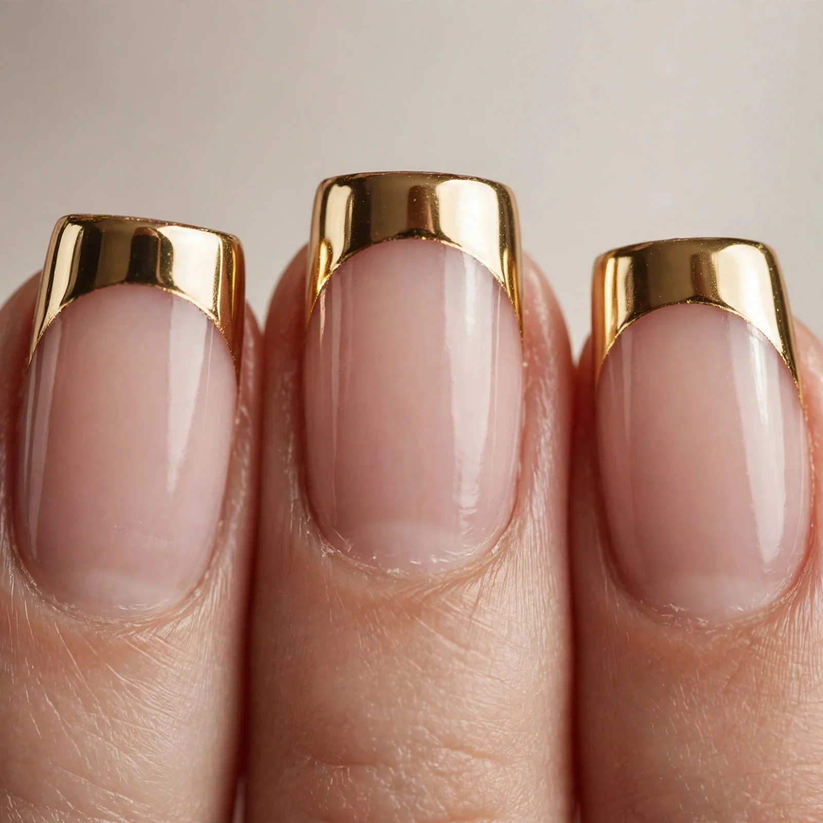 Square nails with classic French and mirror-chrome gold tips, glossy, neutral background