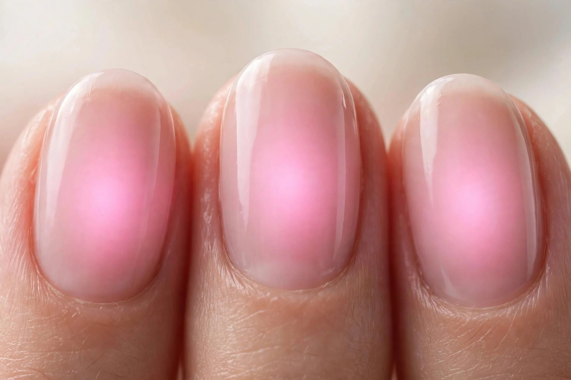 Oval nails with pink aura gradient glowing at centre, glossy, soft background