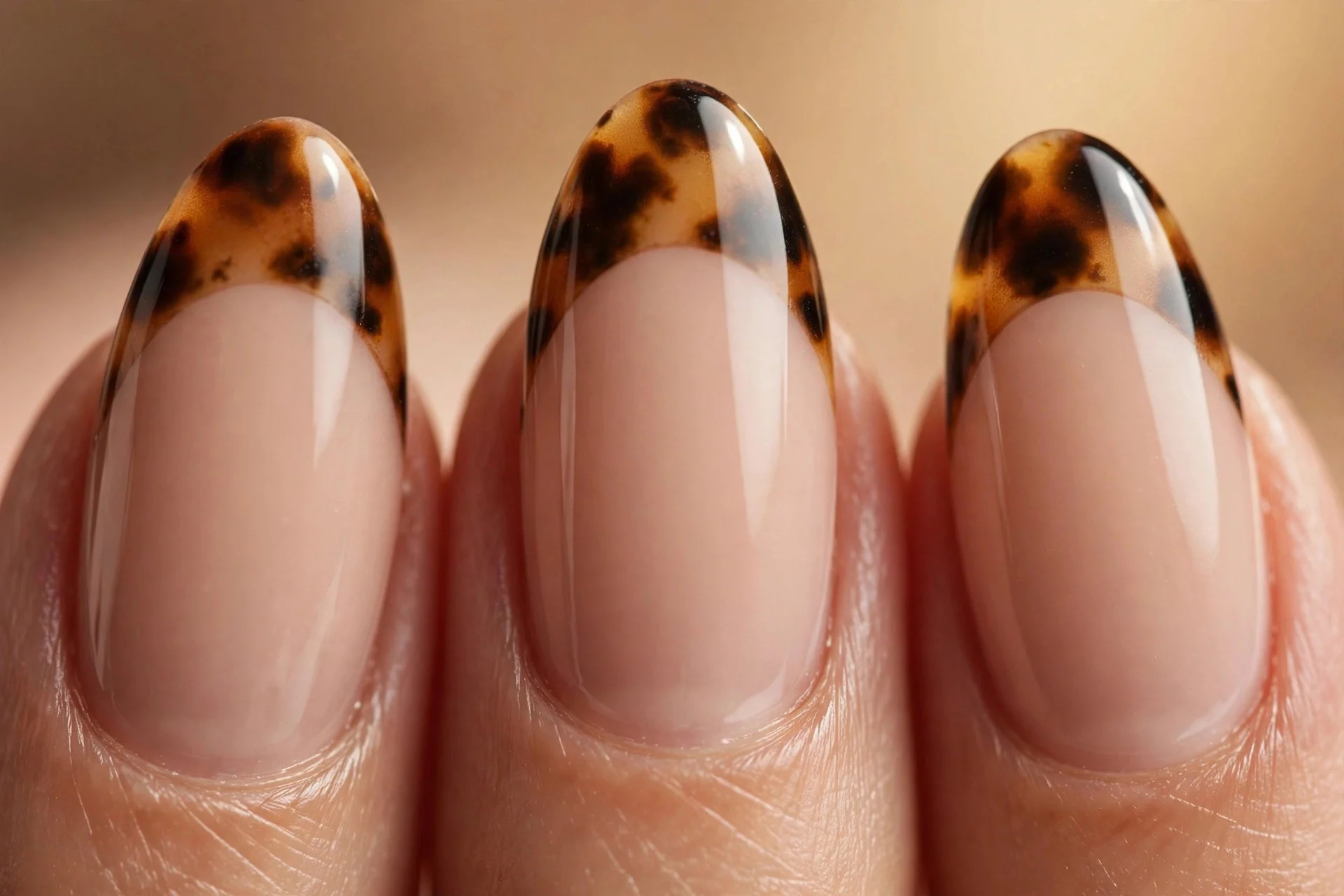 Almond nails with tortoiseshell pattern on tips over nude base, glossy, warm background