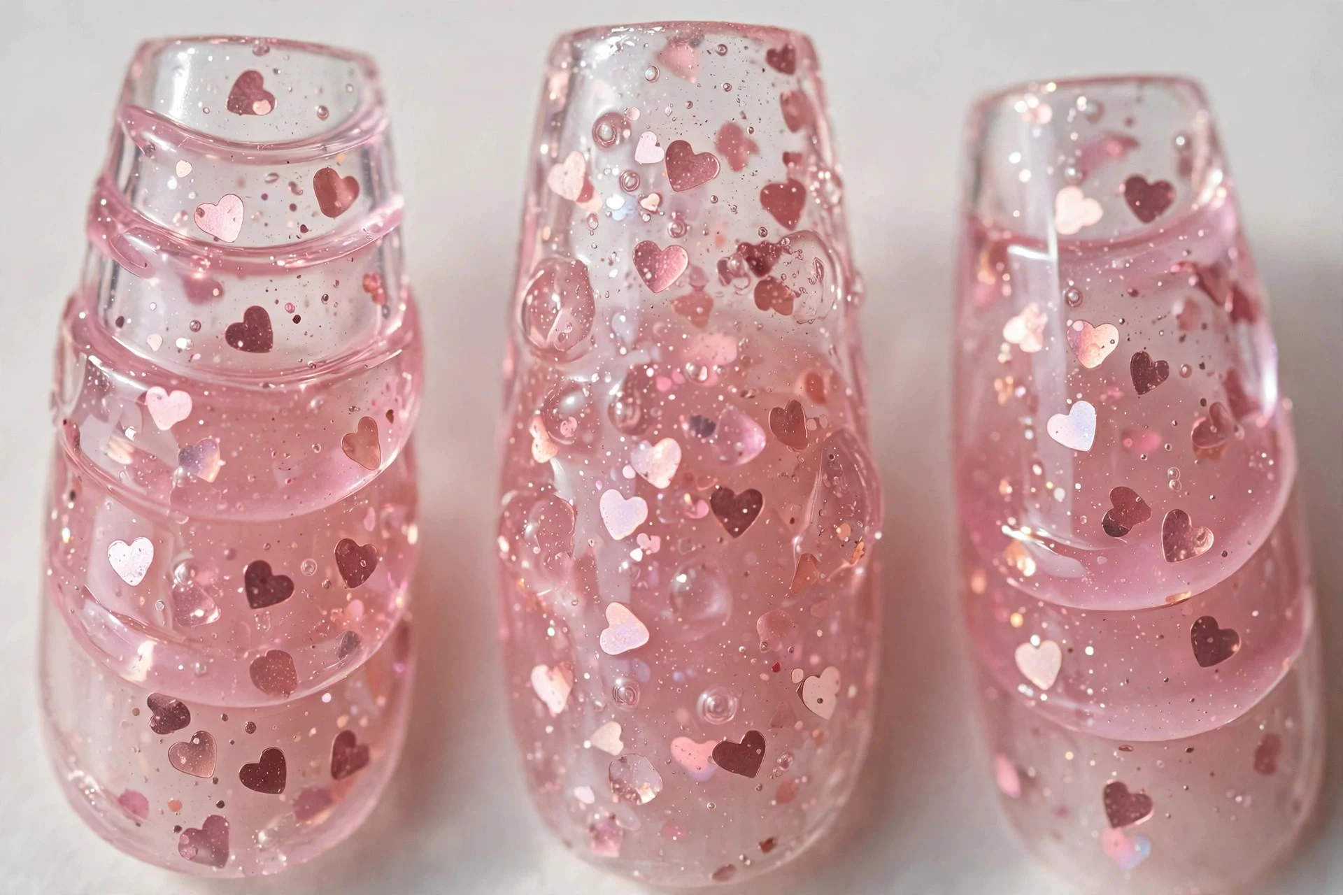 Coffin nails with heart glitter suspended between sheer pink jelly layers, glossy, light background