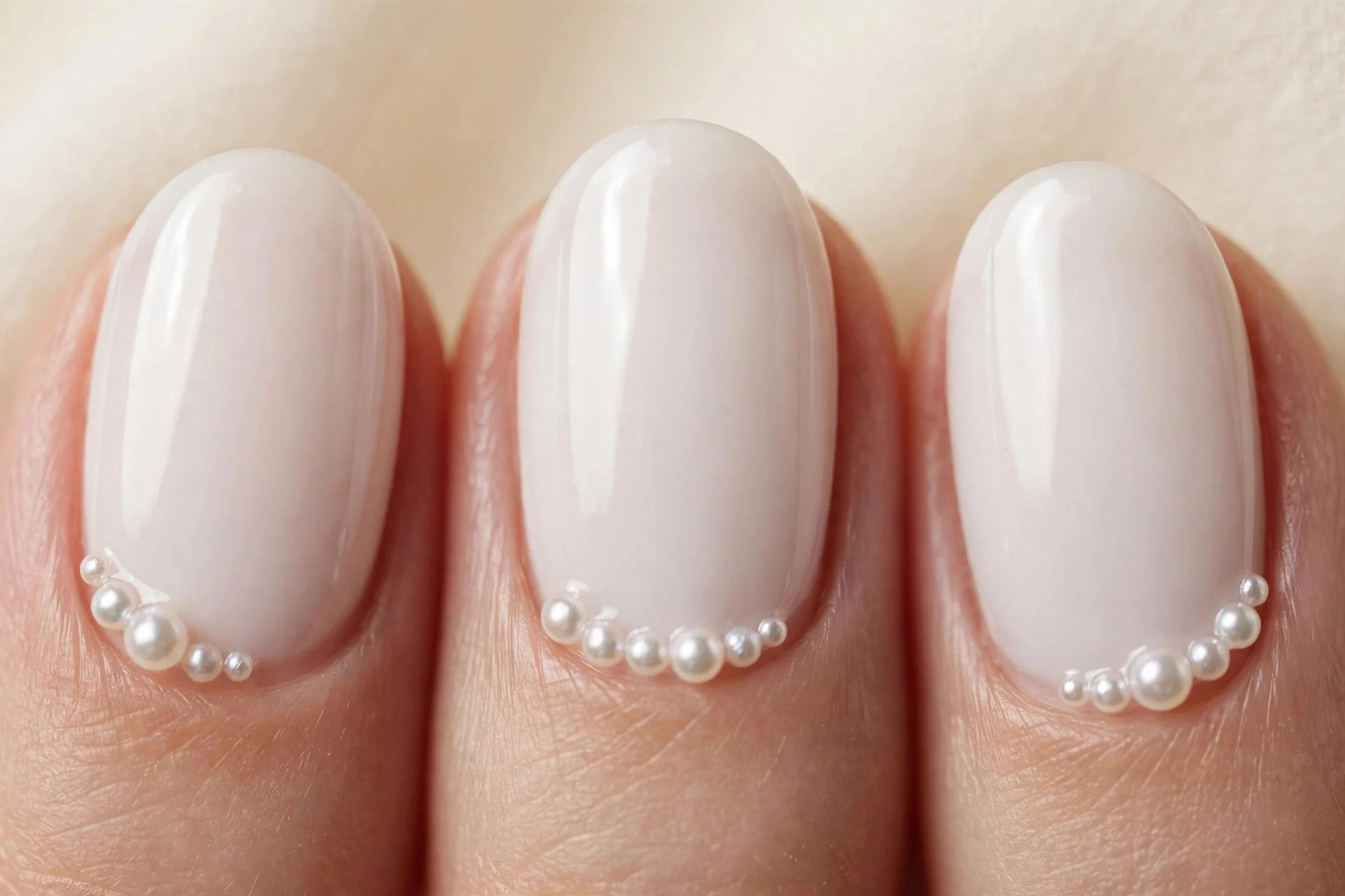 Oval milky white nails with small pearl accents at cuticles, glossy, cream background