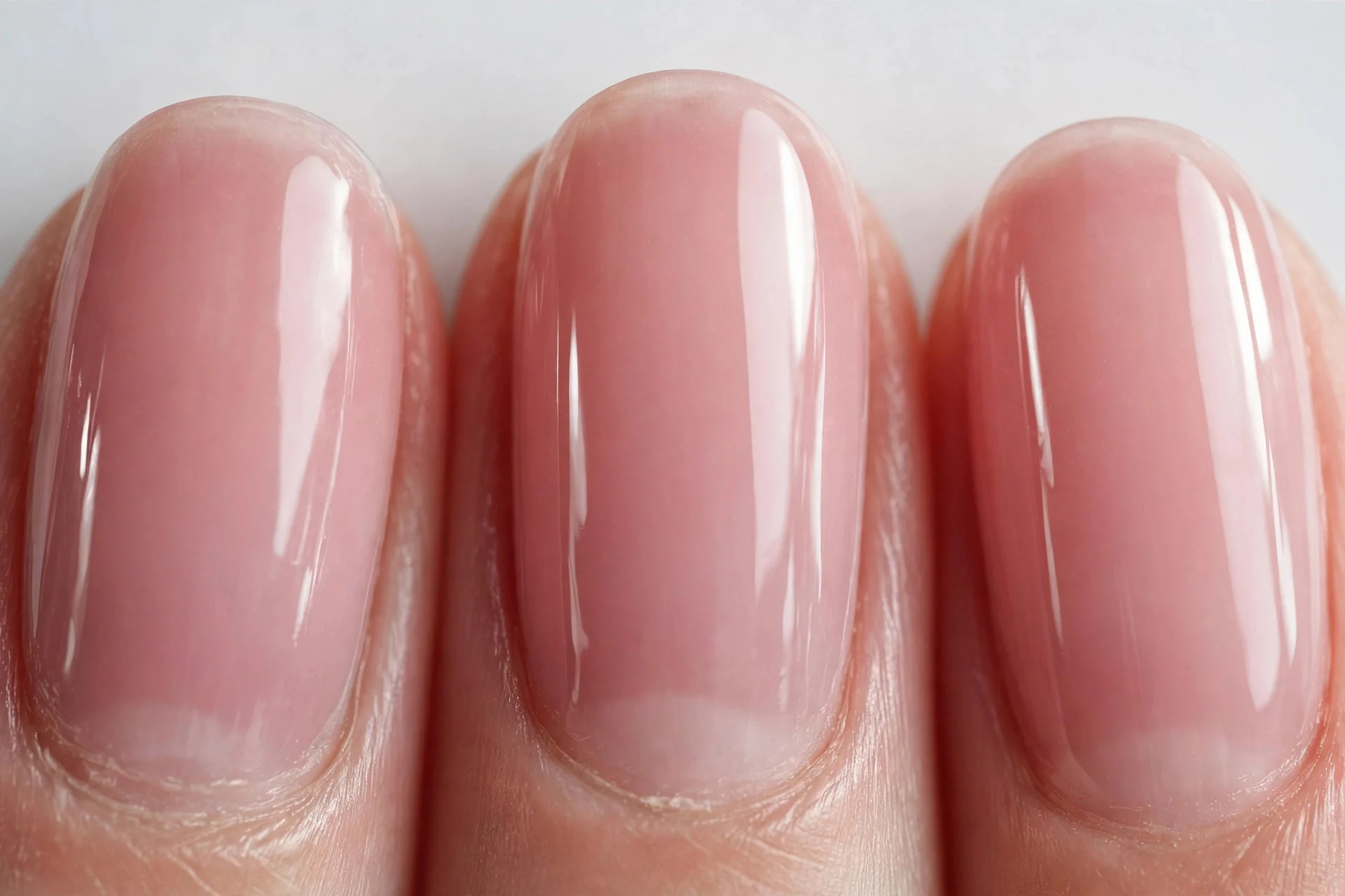 Short oval nails in sheer pink with ultra-glossy glass finish, light background
