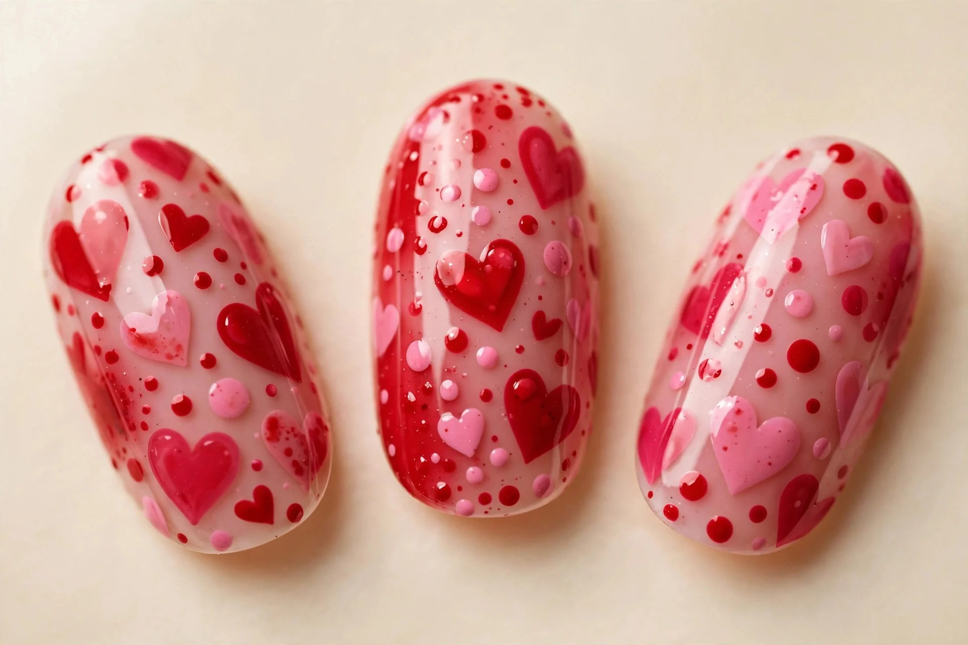 Five almond nails with mixed red and pink heart and dot designs, glossy, cream background