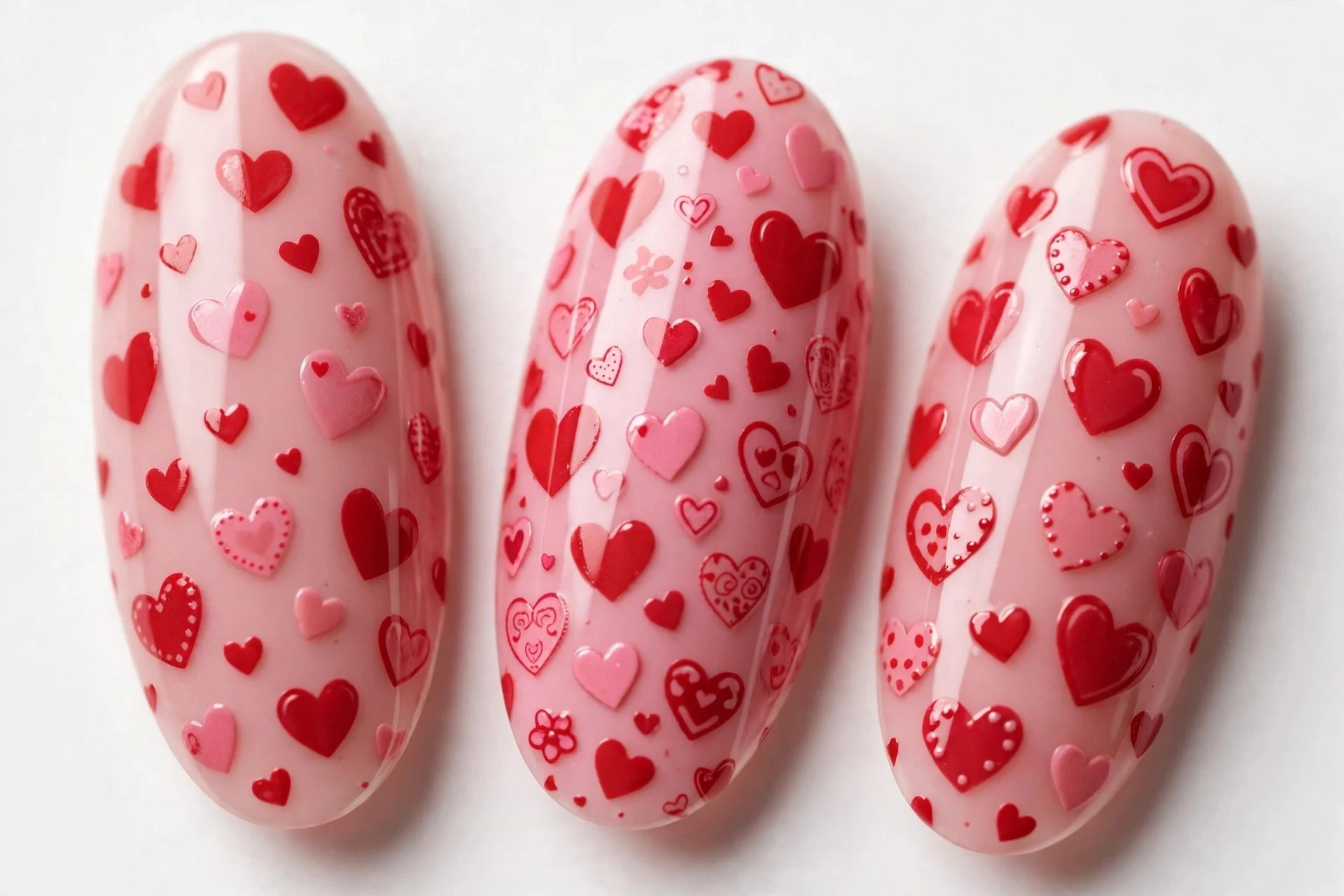 Long almond press-on nails with red and pink Valentine's print, glossy, white background