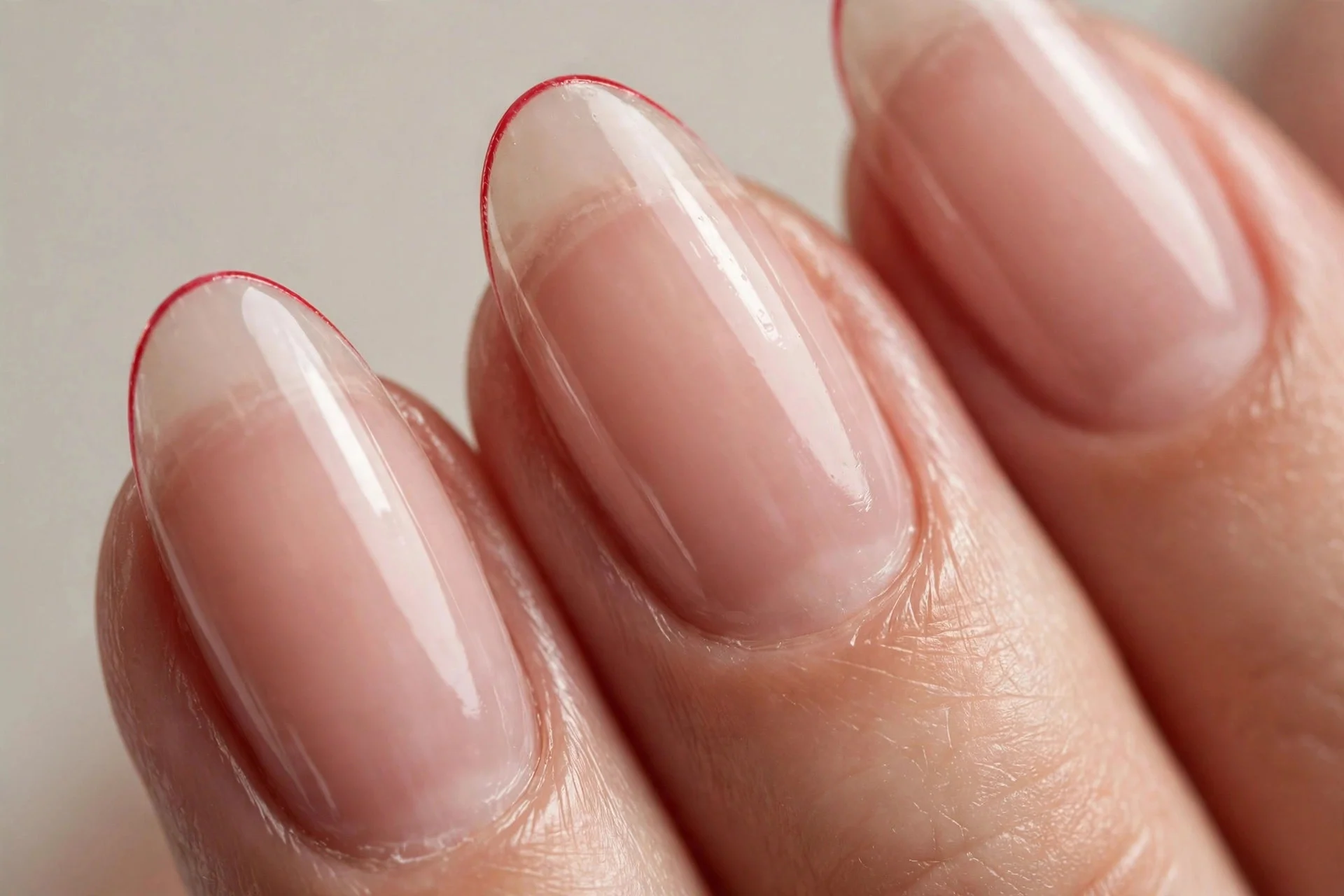 Almond nails with whisper-thin red micro French on sheer nude, glossy, neutral background