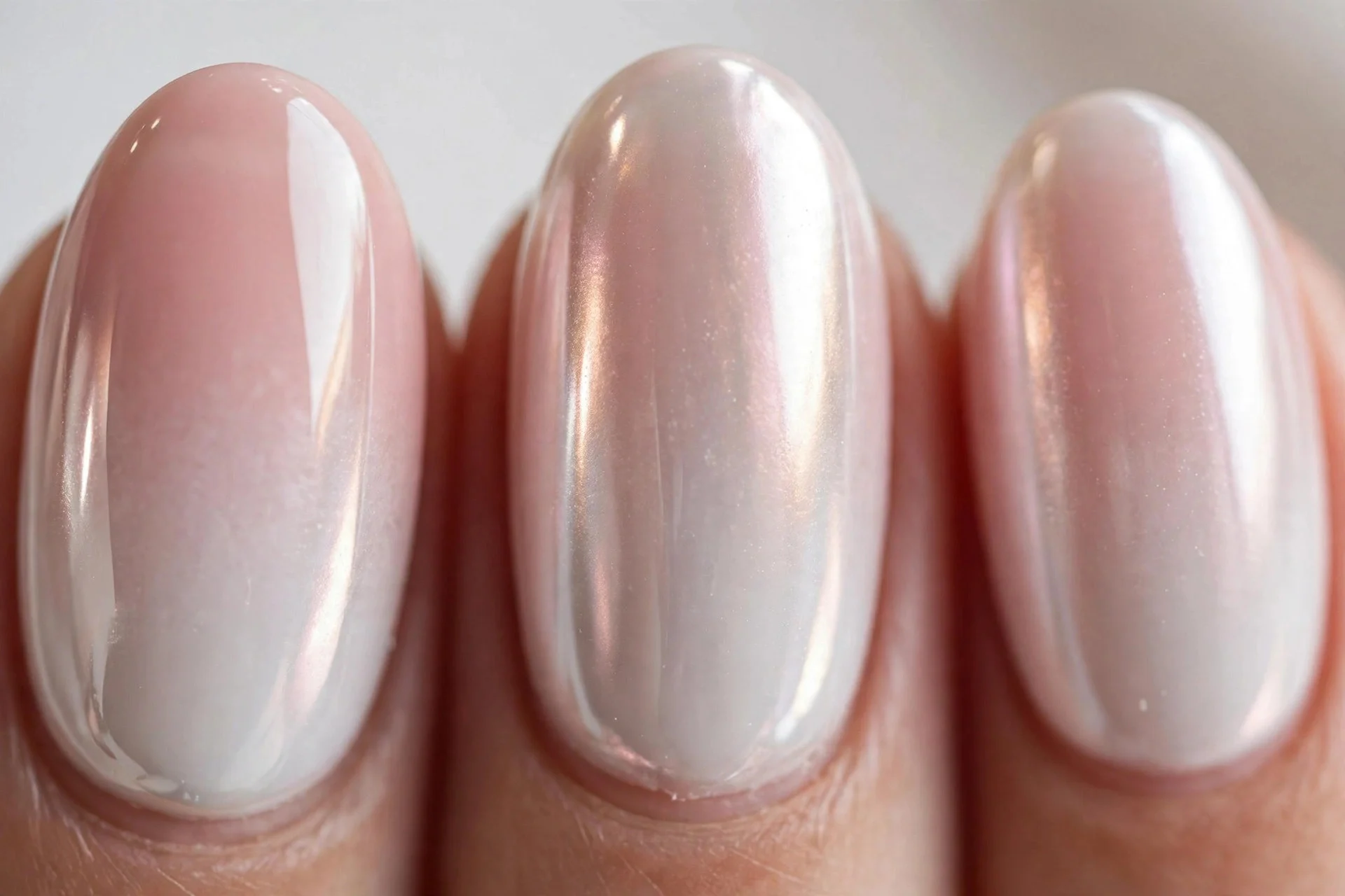 Oval nails with blush pink to white ombr&eacute; melted under pearl chrome, glossy, light background