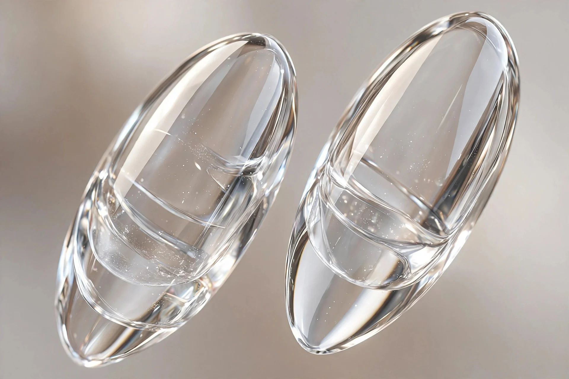 Extreme macro of two almond nails in crystal-clear glass gel with visible depth, glossy shine, soft light background