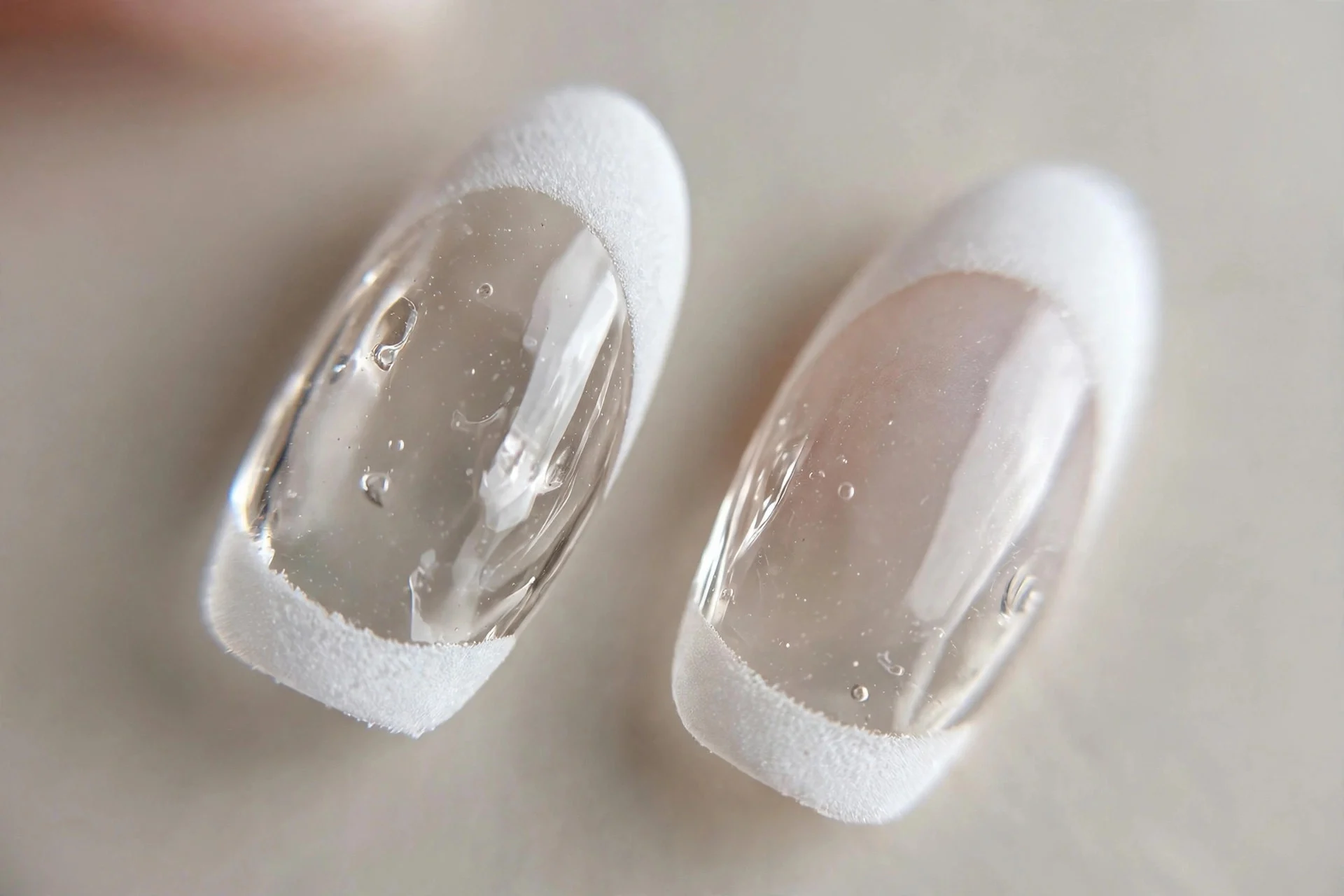 Extreme macro of two almond nails with clear glass base and crisp white frosted french tips, glossy
