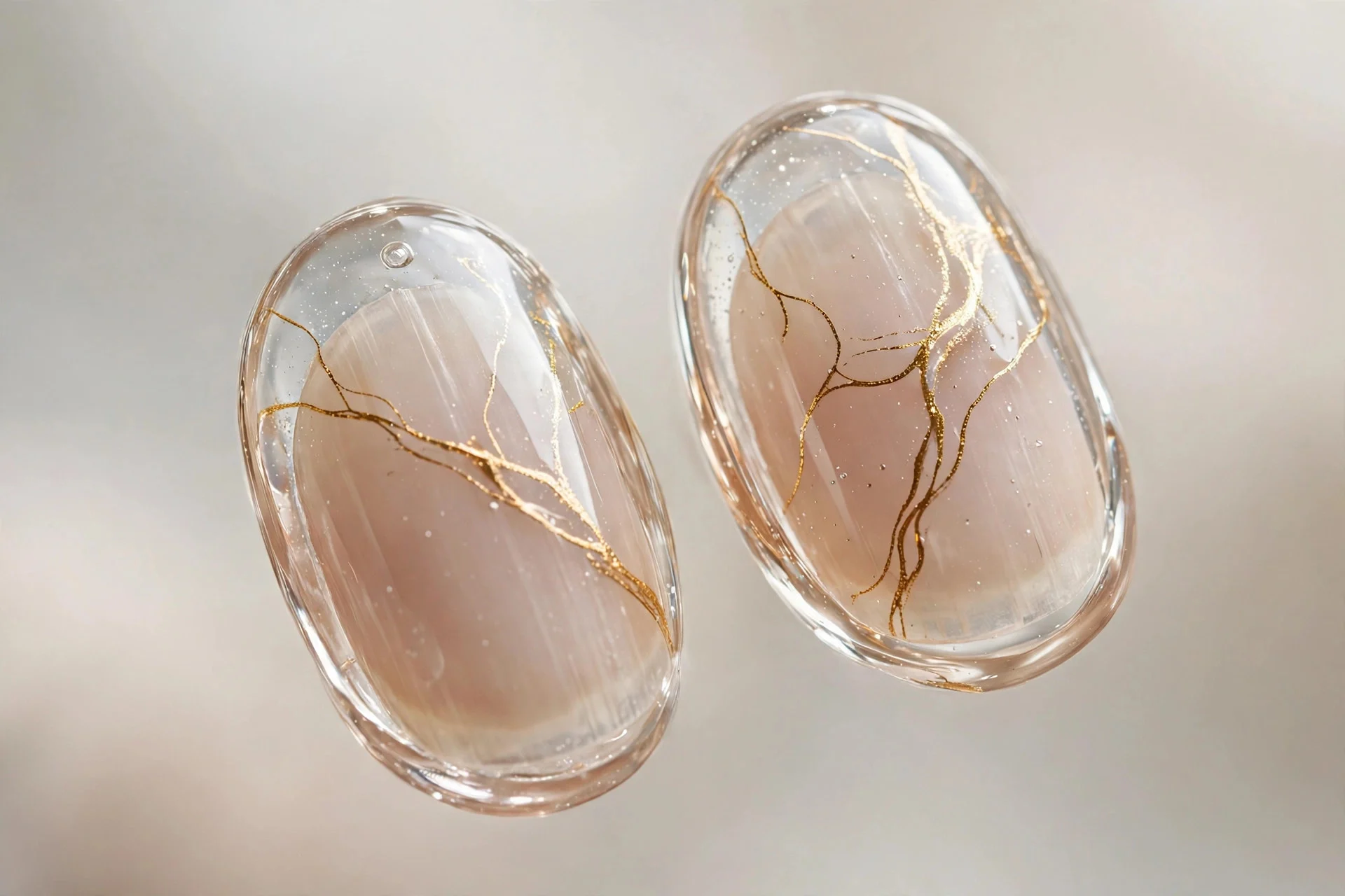 Extreme macro of two oval nails in clear glass gel with delicate gold vein lines sealed inside