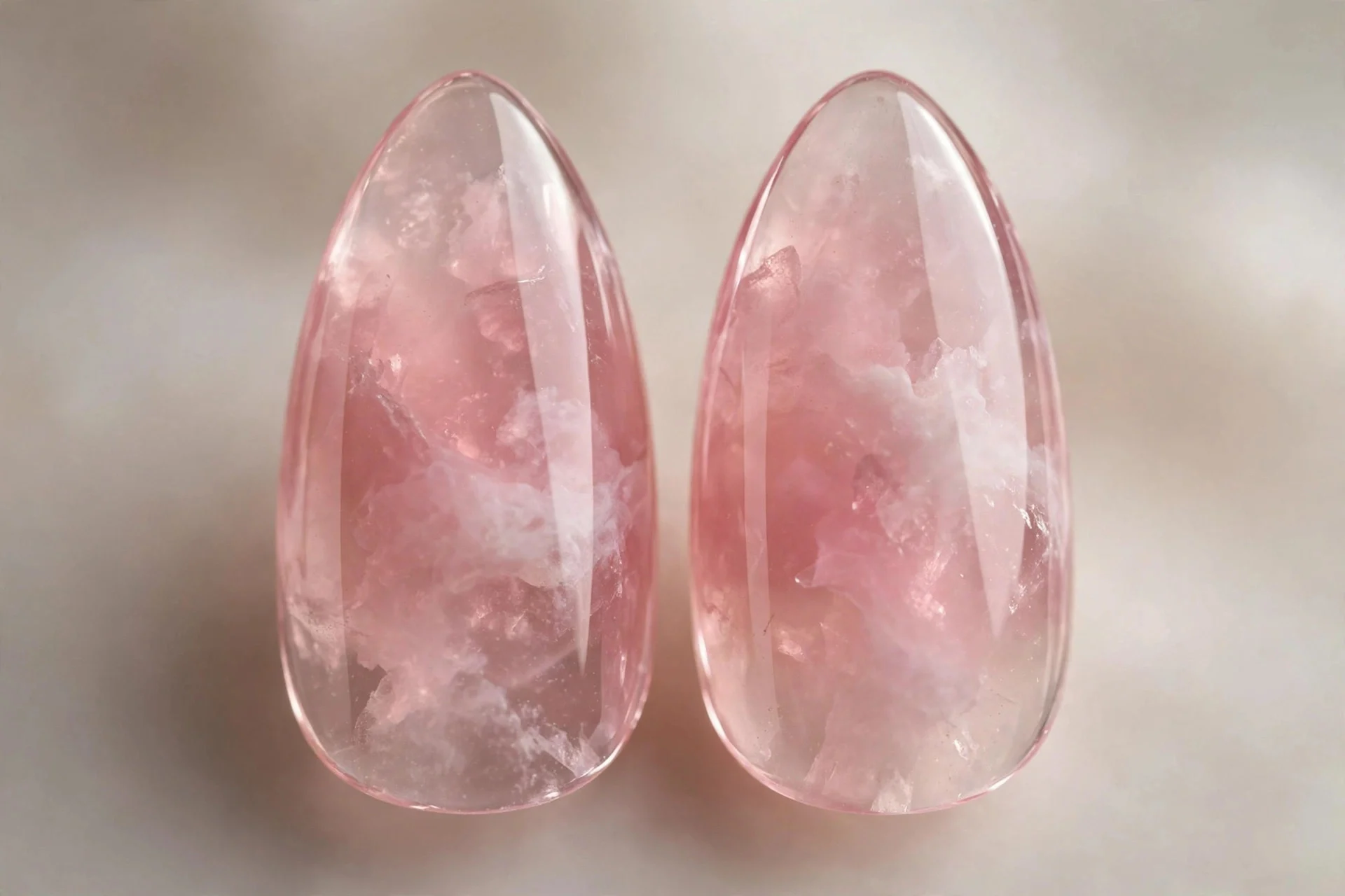 Extreme macro of two almond nails in sheer rose-pink tinted glass jelly with cloudy quartz depth