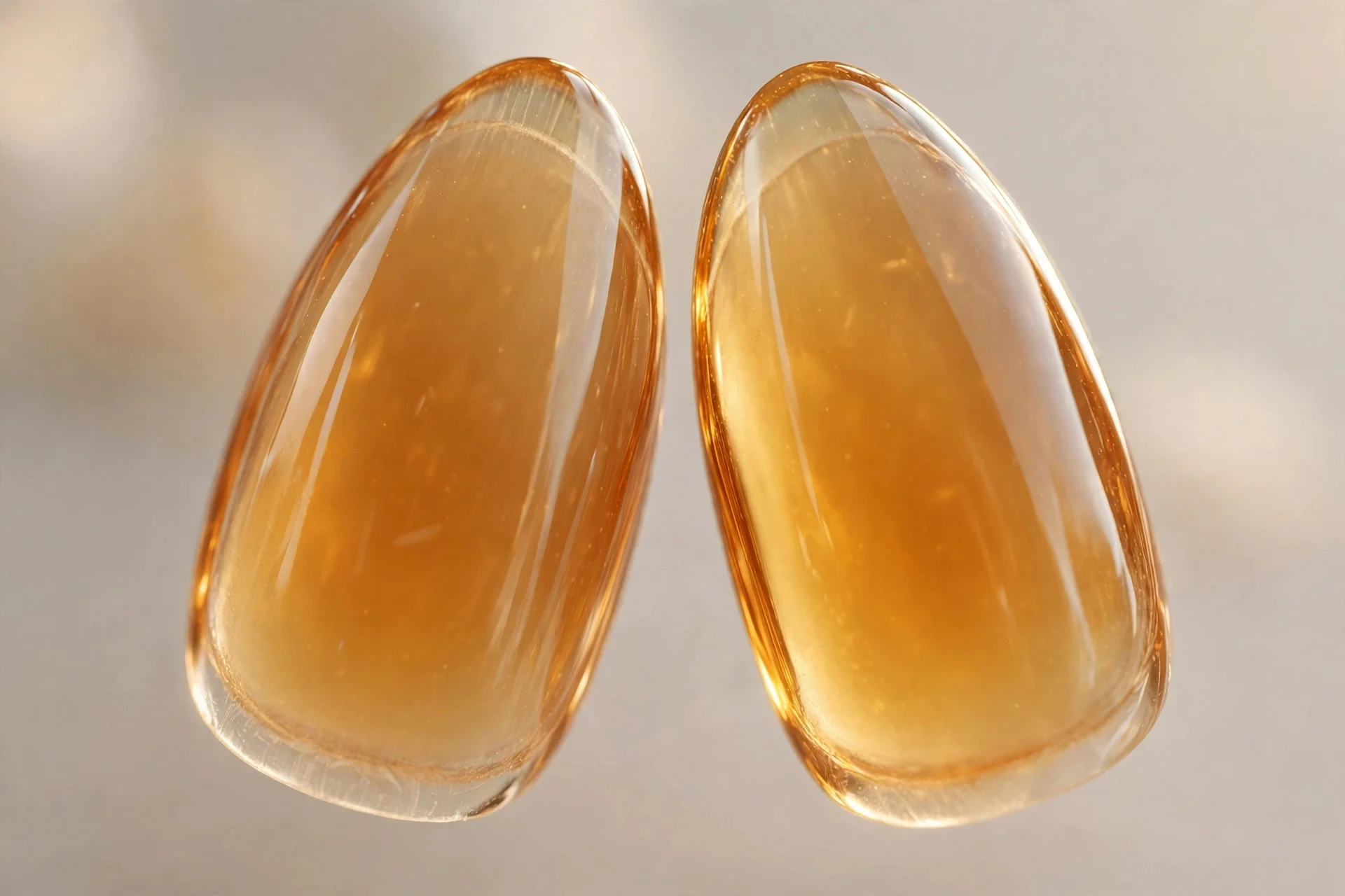 Extreme macro of two almond nails in golden honey-amber tinted glass jelly, glowing, glossy