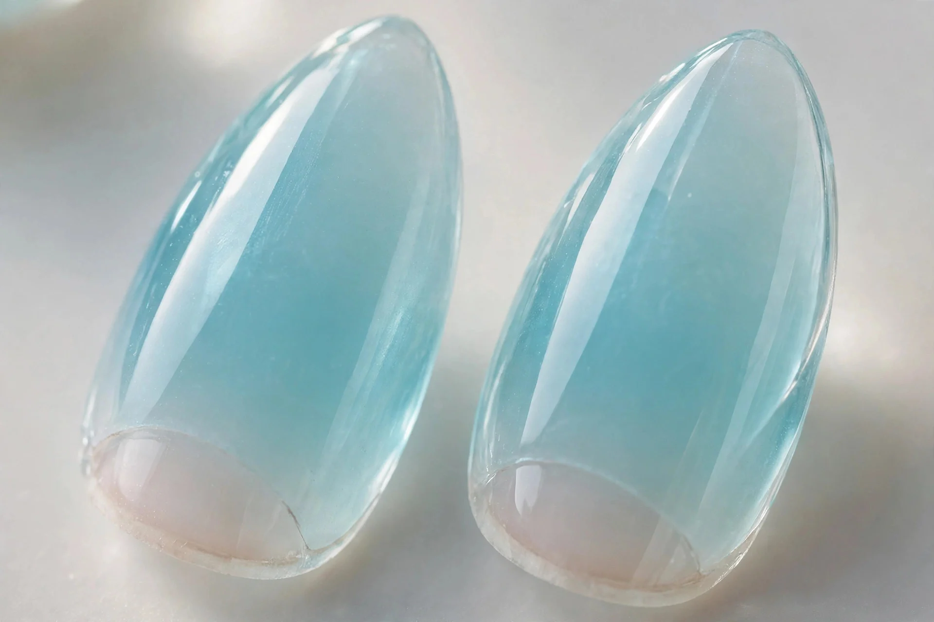 Extreme macro of two almond nails in sheer aqua-blue tinted glass jelly, glossy