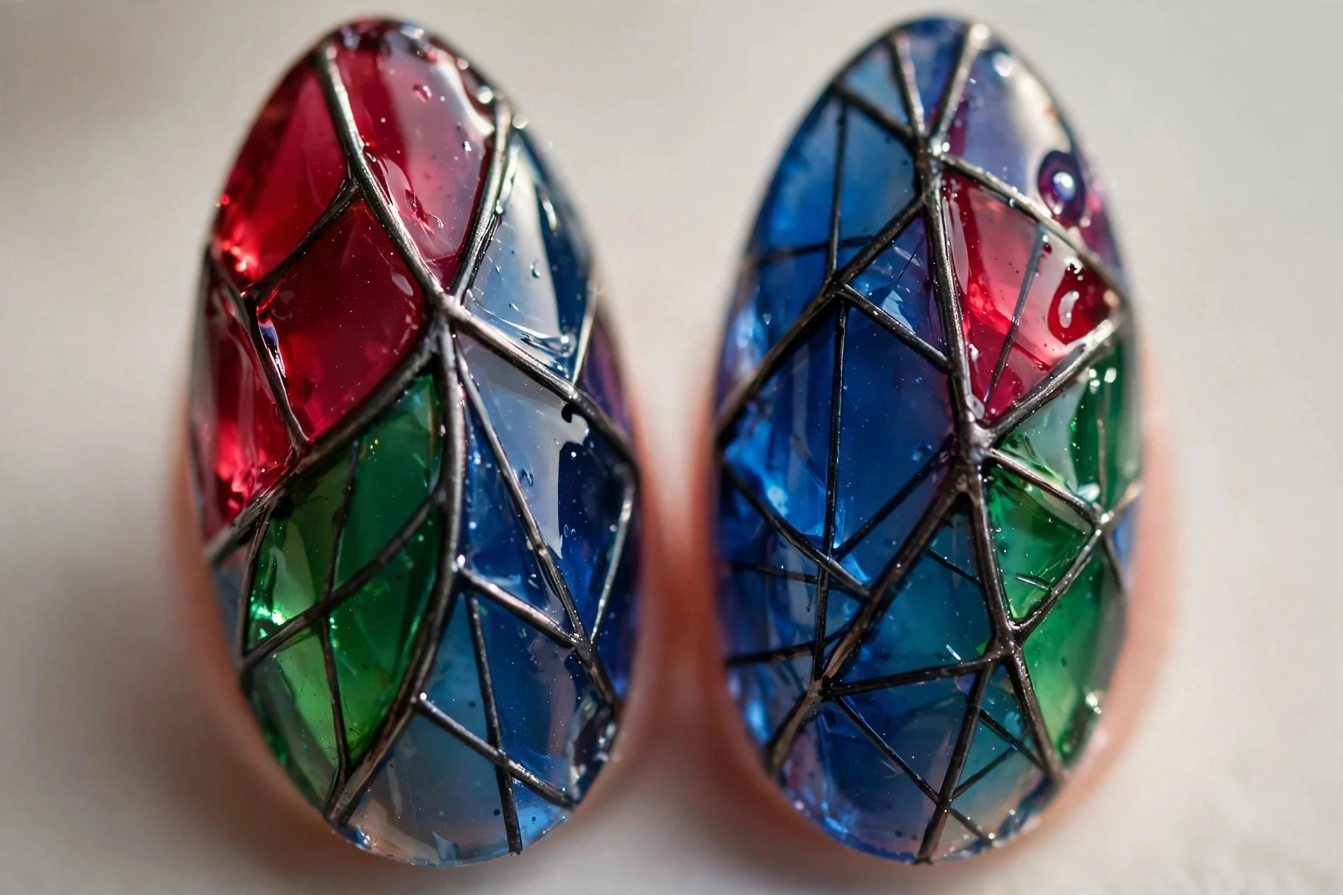 Extreme macro of two almond nails with stained-glass art in jewel-tone jellies and dark lead lines