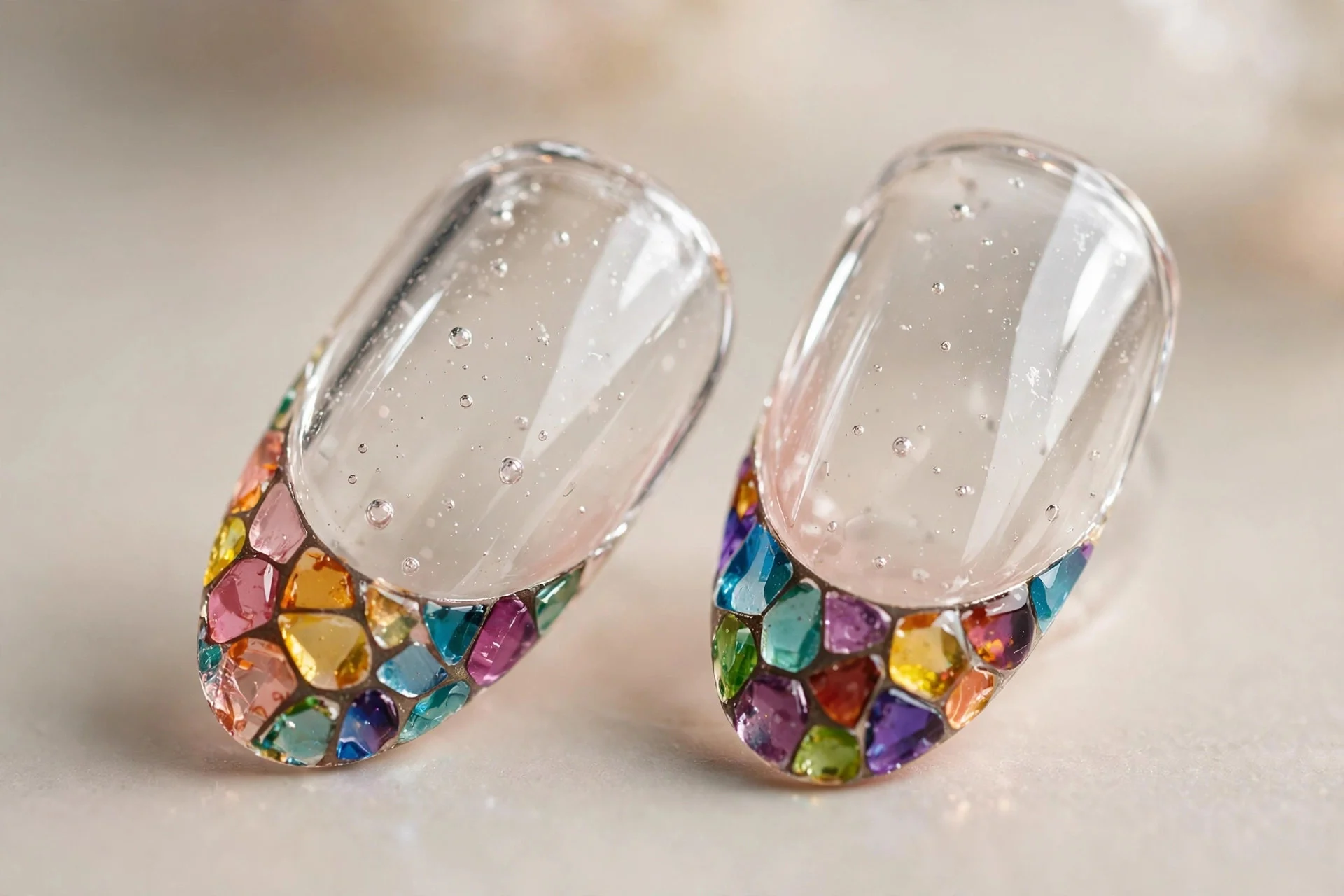 Extreme macro of two almond nails with clear glass base and colorful mosaic stained-glass tips