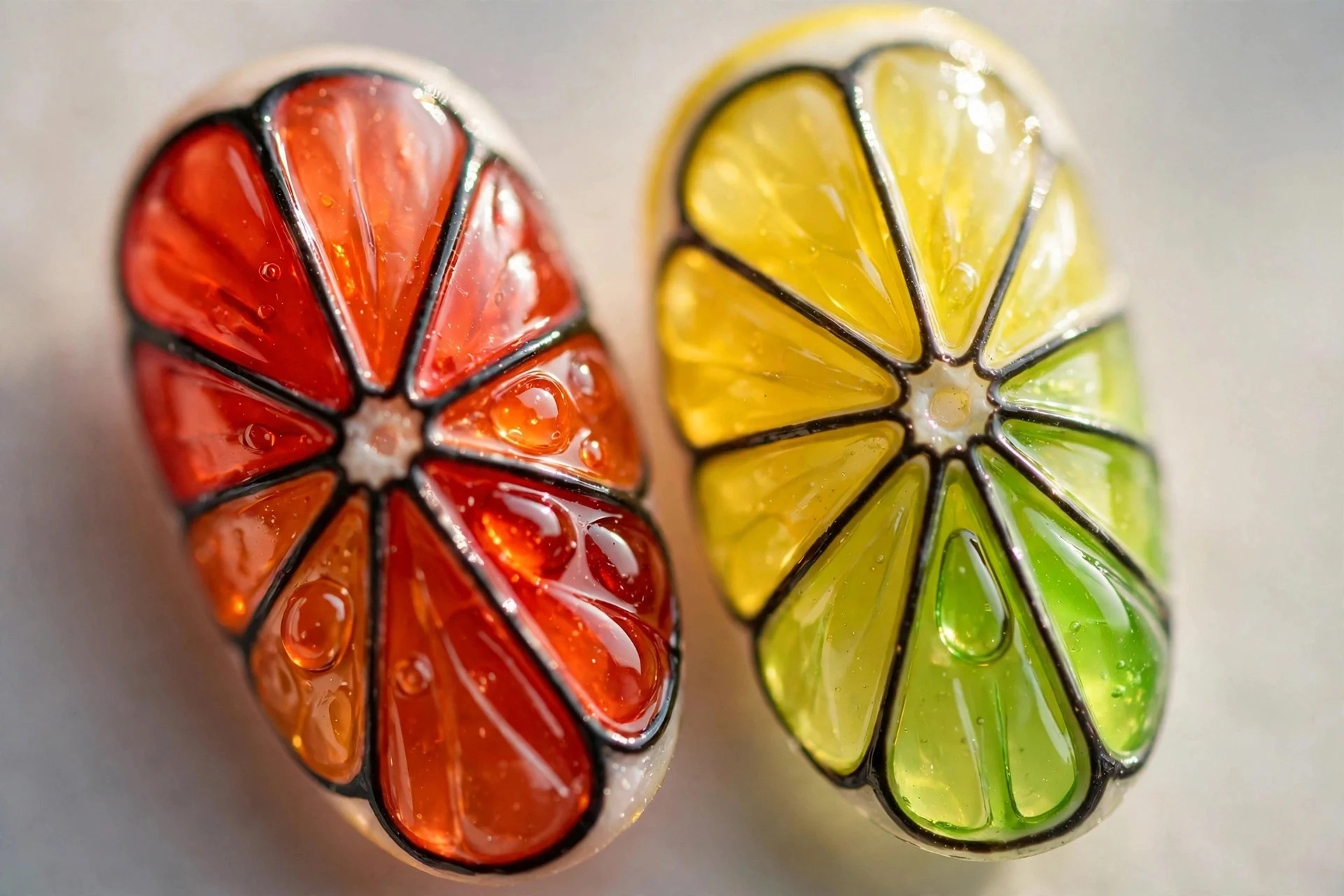 Extreme macro of two almond nails with citrus-slice stained-glass art in orange, yellow and lime jellies