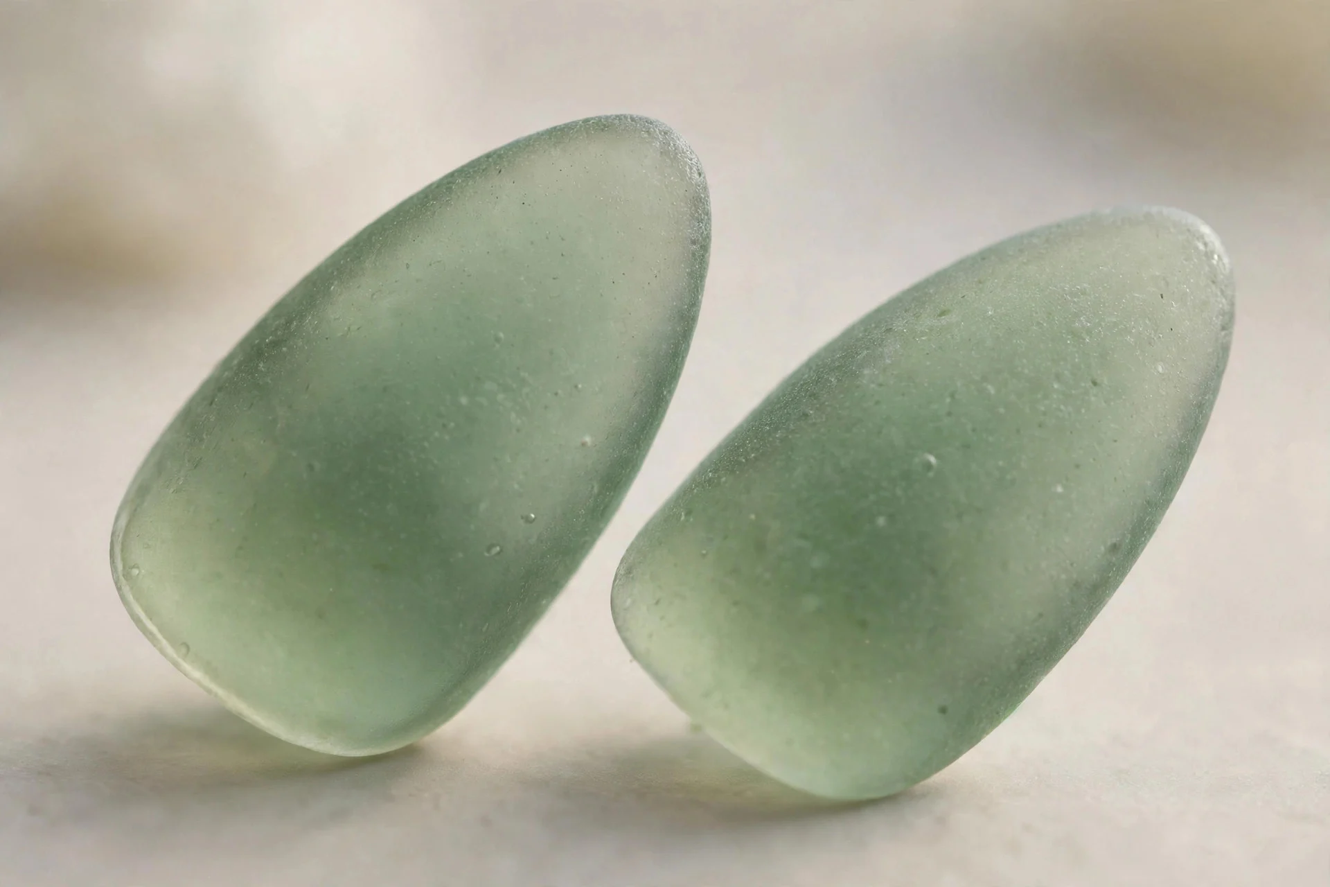 Extreme macro of two almond nails in sage-green sea-glass effect with soft frosted matte finish