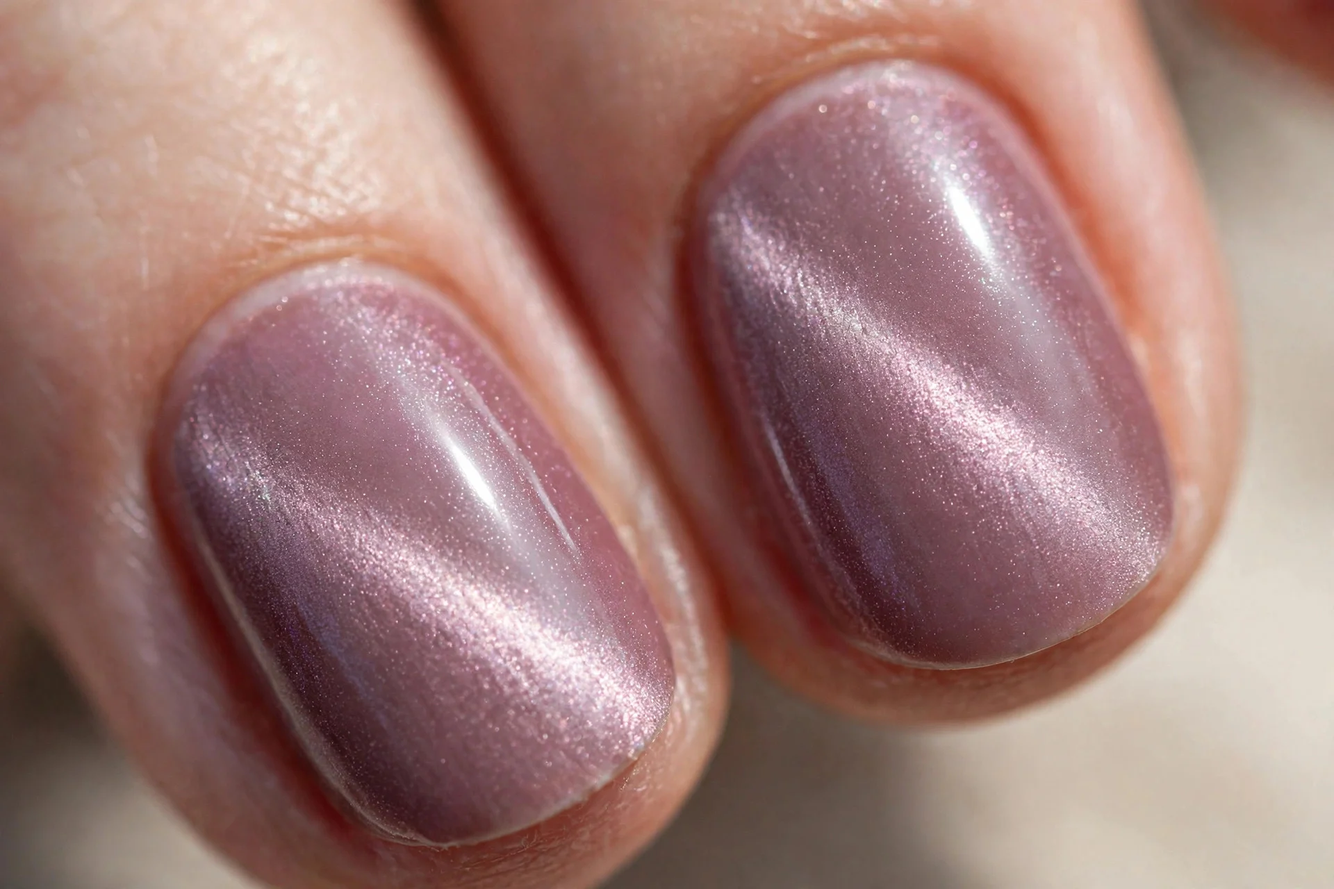 Extreme macro of two oval fingernails in dusty mauve cat-eye gel with a soft wide shimmer band, hazy muted finish, soft dayli