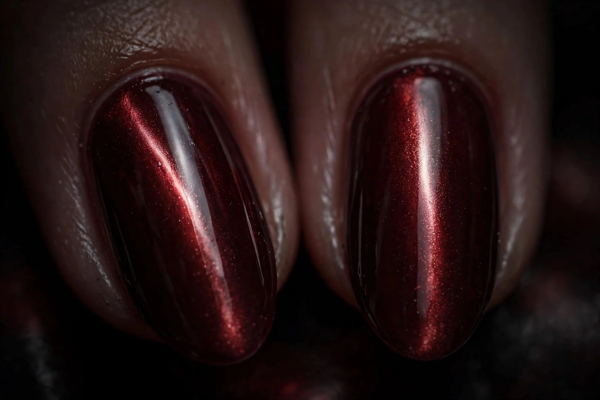 Extreme macro of two almond fingernails in oxblood cat-eye gel with a molten vertical light band, rich glossy finish