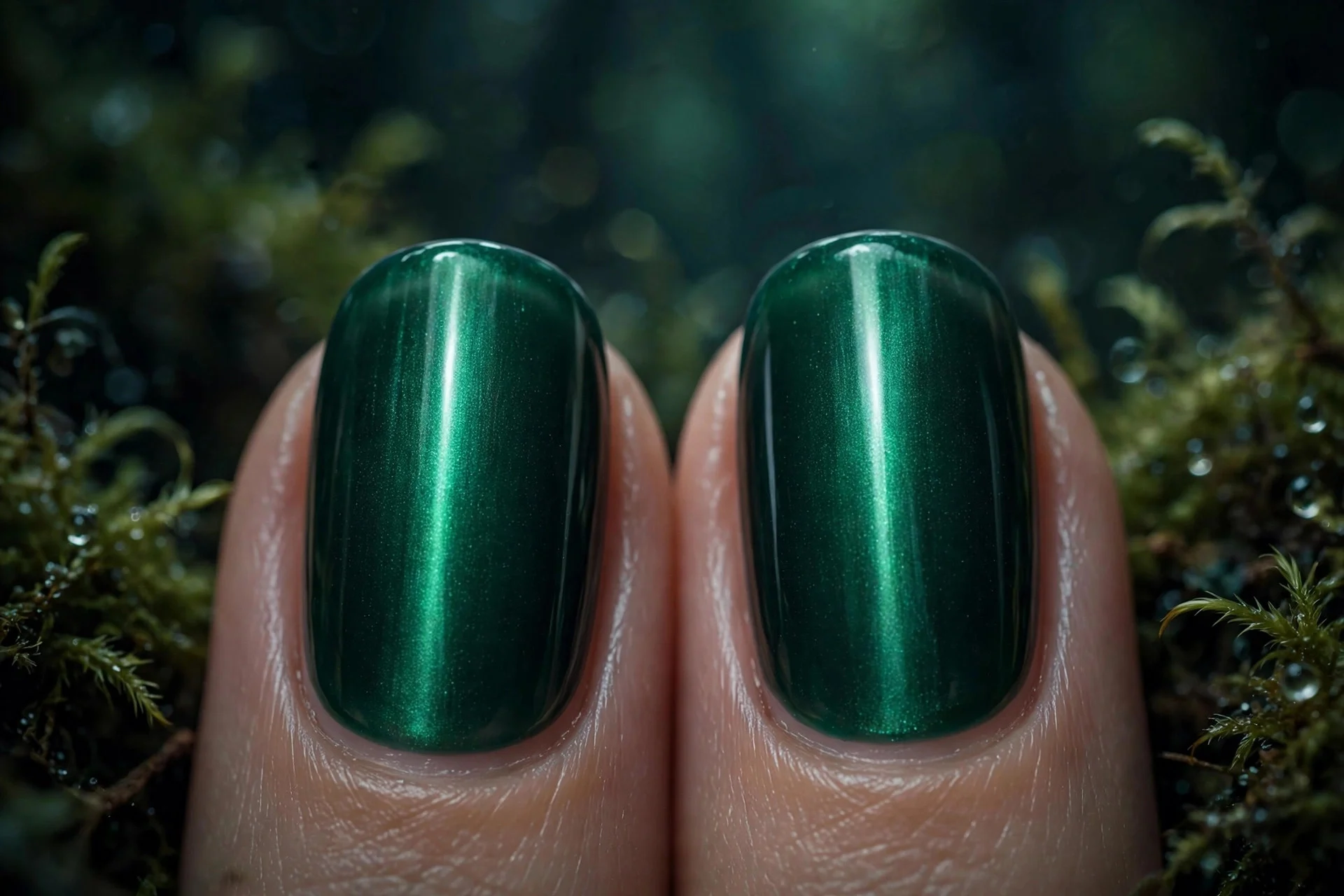 Extreme macro of two fingernails in deep emerald cat-eye gel with a crisp vertical light band, enchanted forest mood