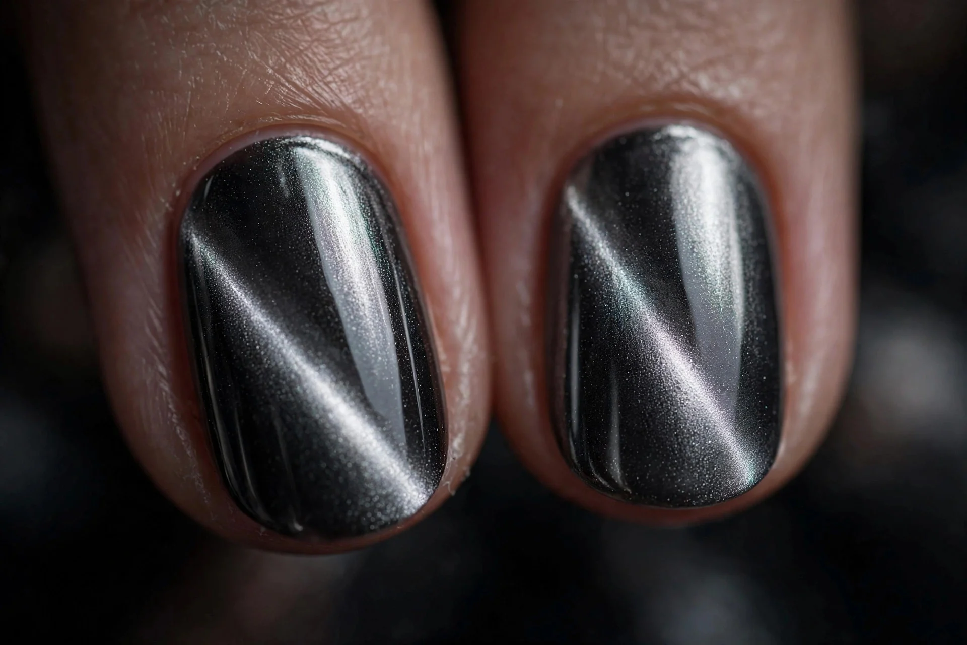 Extreme macro of two fingernails in silver-black cat-eye gel with a mirror-bright metallic light band, liquid chrome effect