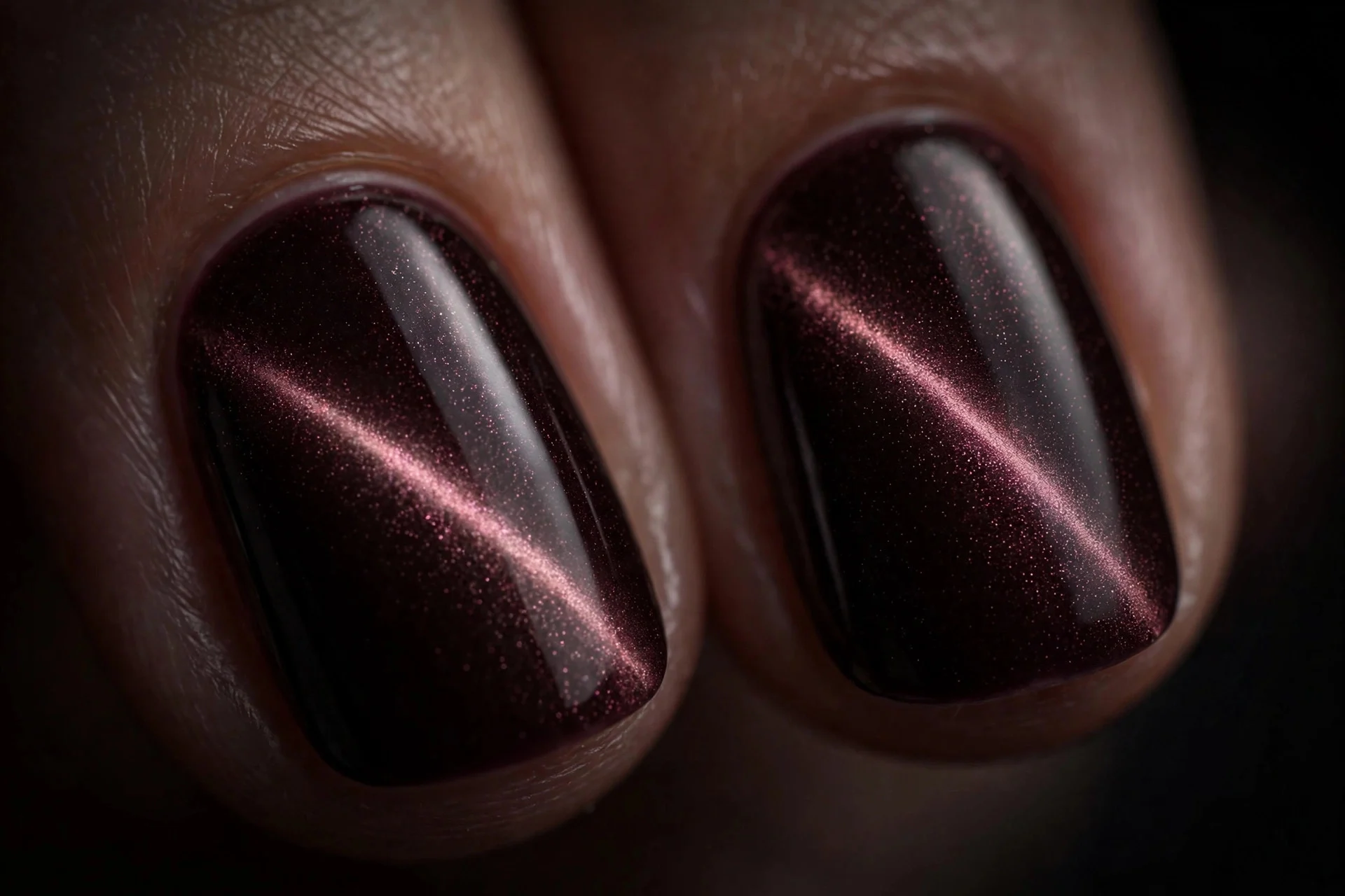 Extreme macro of two fingernails in deep rose noir cat-eye gel with a gentle soft light band, dark romantic finish