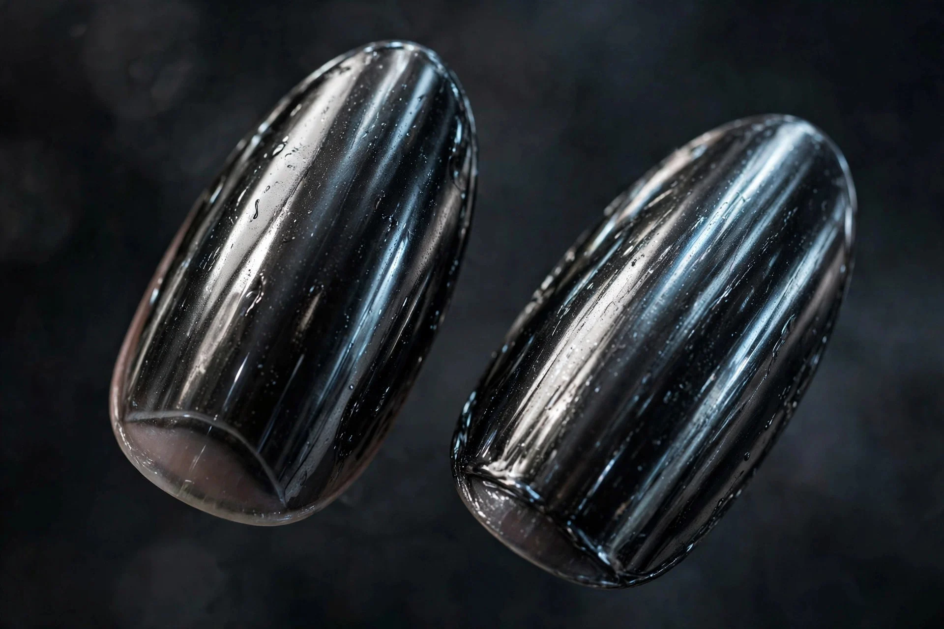Two almond fingernails in black chrome with gunmetal mirror finish reflecting light, dark moody background