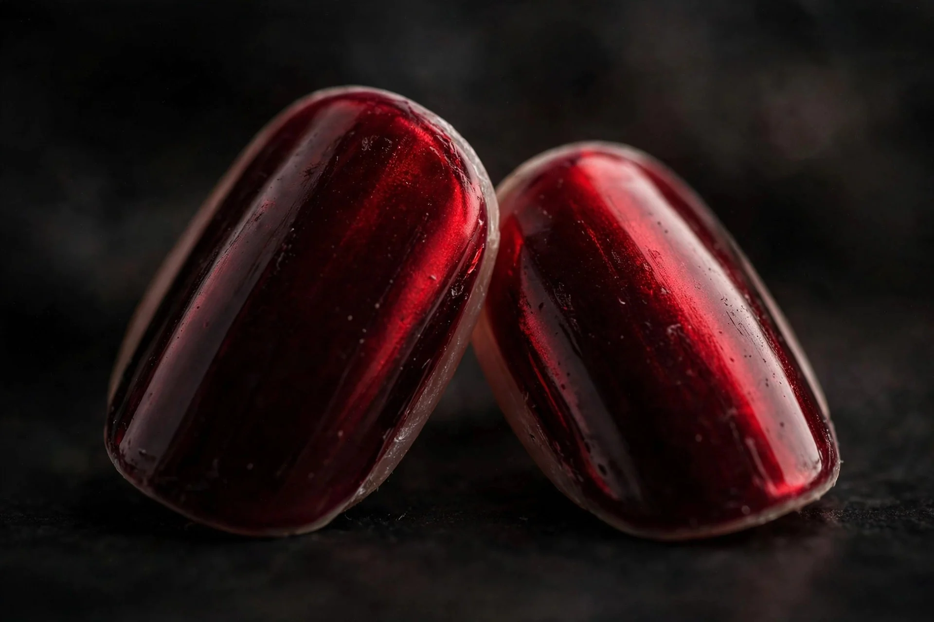 Two short oval fingernails in oxblood red chrome with black-cherry depth and crimson shine, dark background