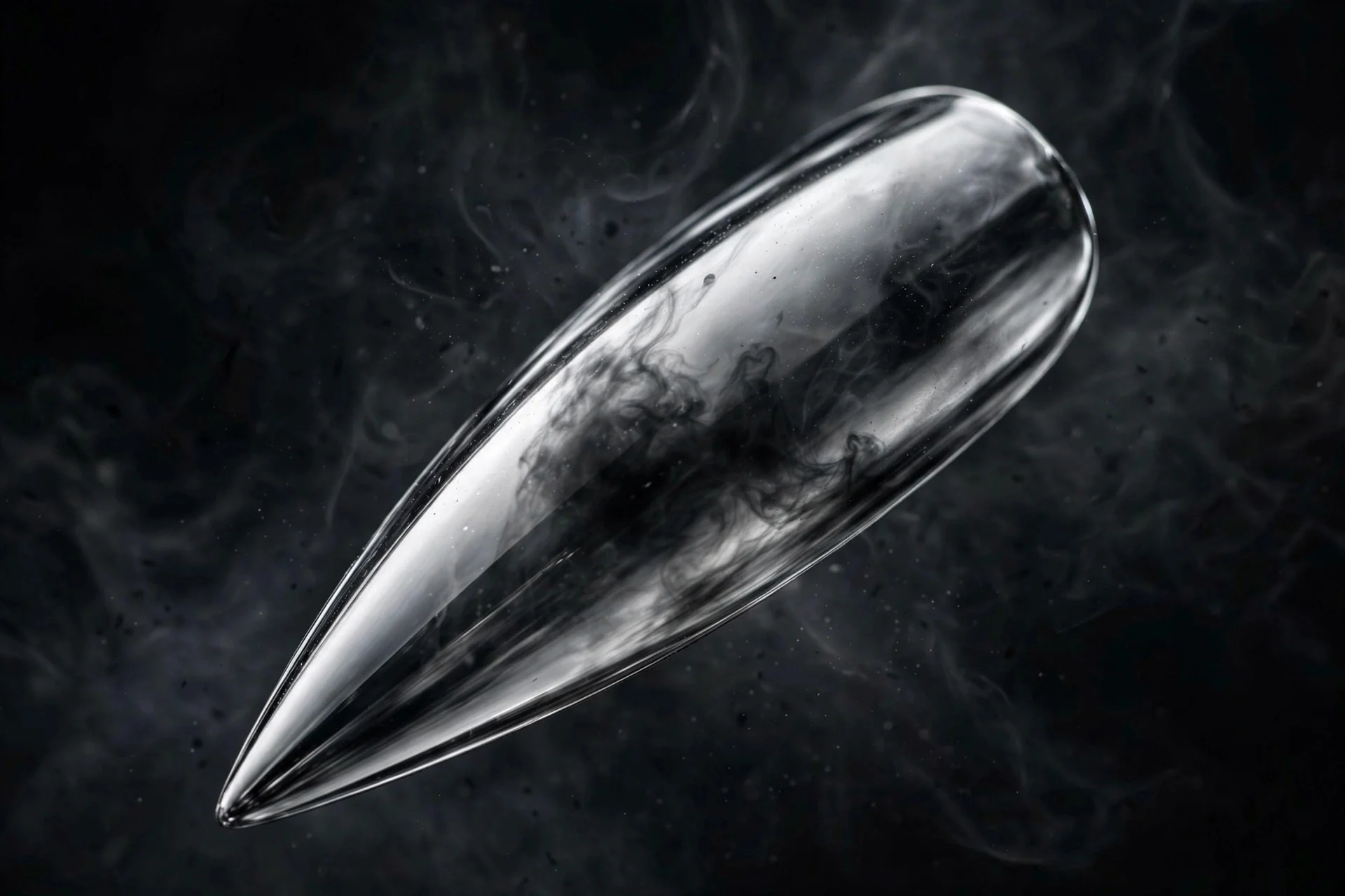 Stiletto fingernail in smoky silver mirror chrome, razor sharp reflective finish, dark background