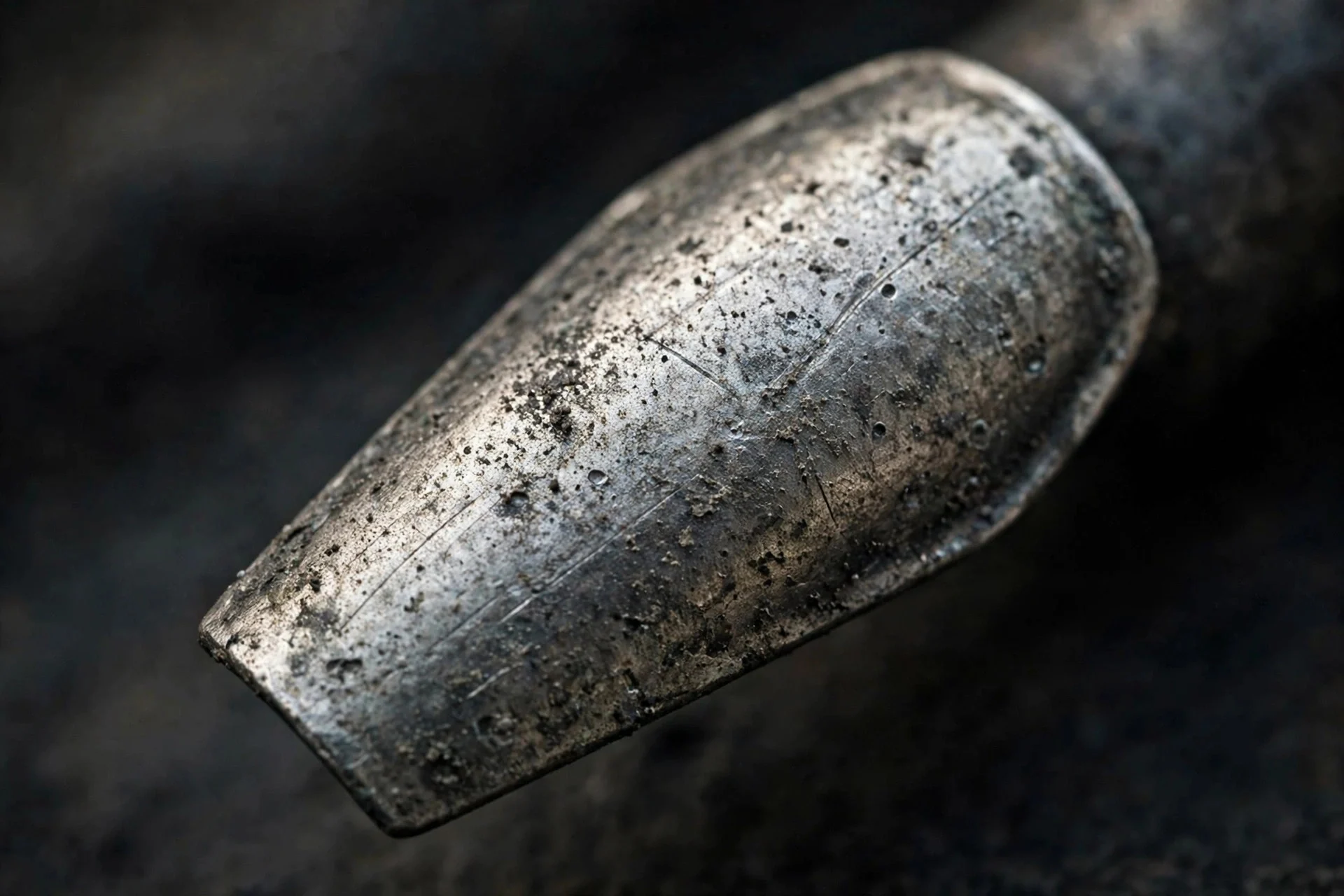 Coffin fingernail in antique textured silver chrome with aged matte finish, dark background