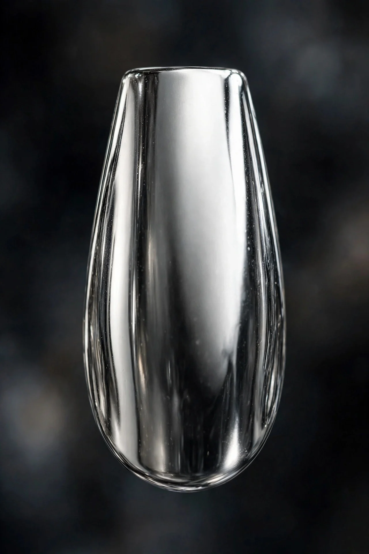 Coffin fingernail in flawless liquid silver mirror chrome, perfectly reflective like mercury, dark background