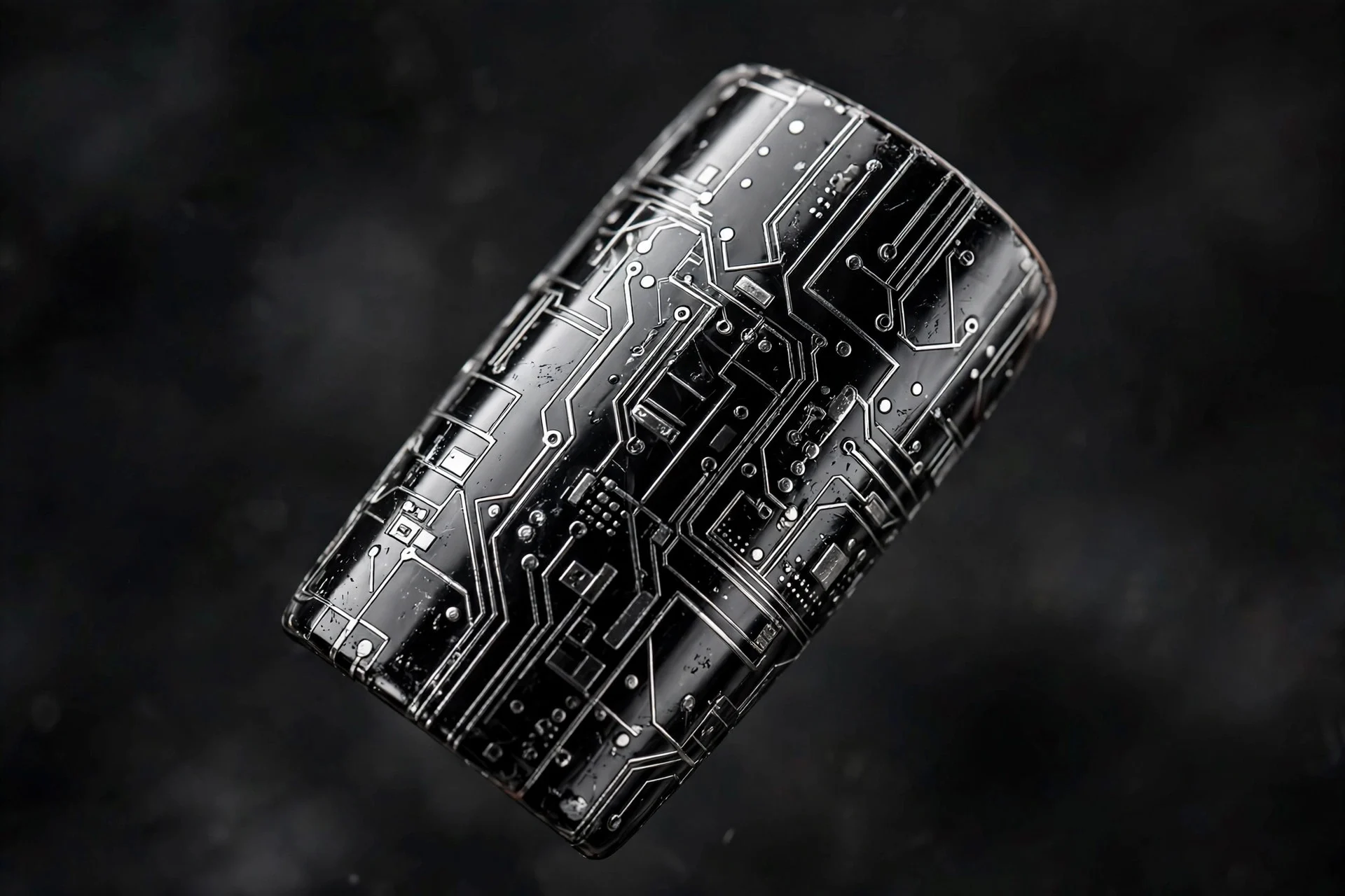 Square fingernail in black chrome with thin silver geometric circuit line art, dark background