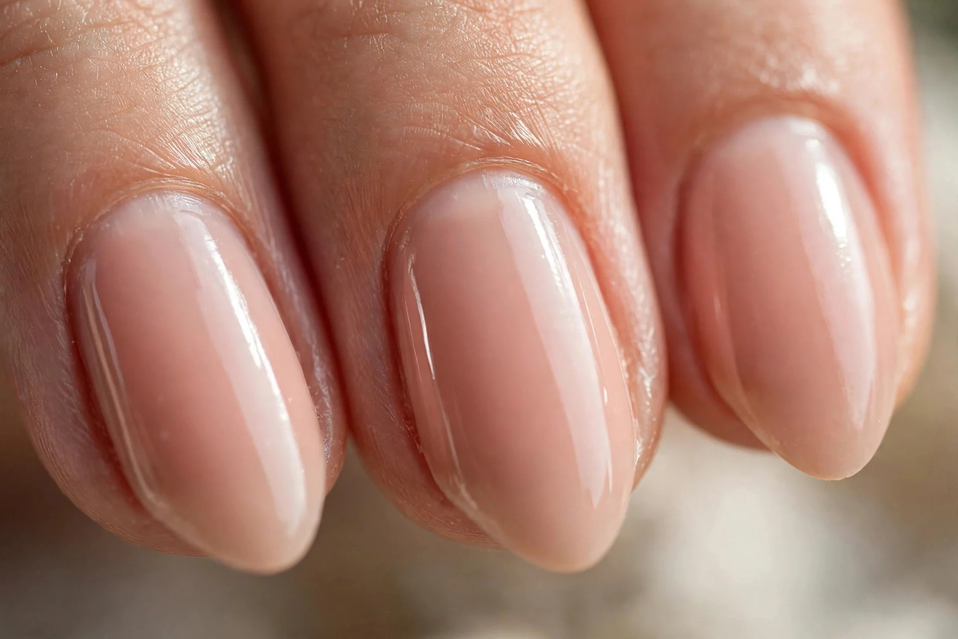 short almond nails in glossy nude gel