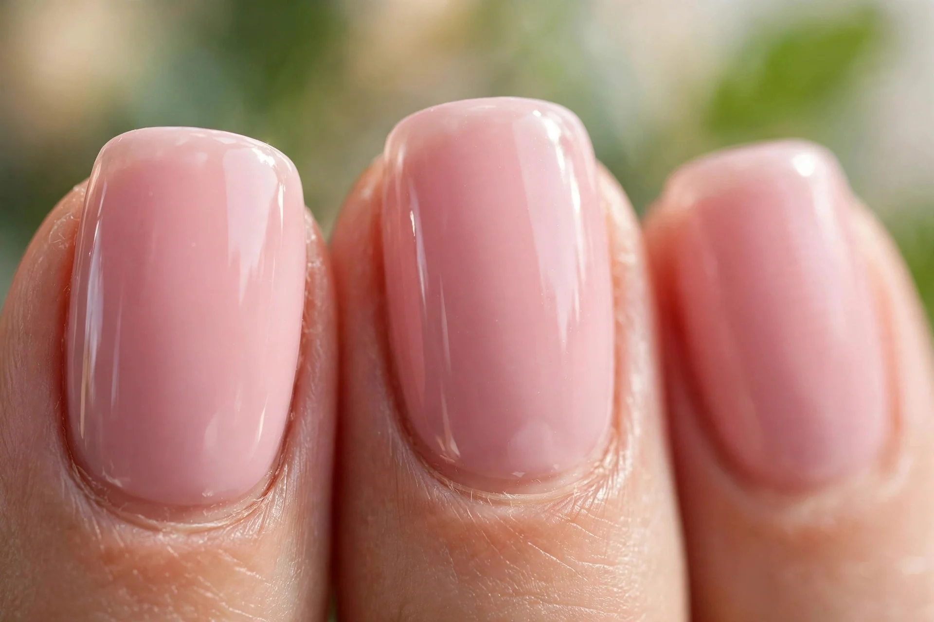 squoval nails in soft pink with a glossy finish