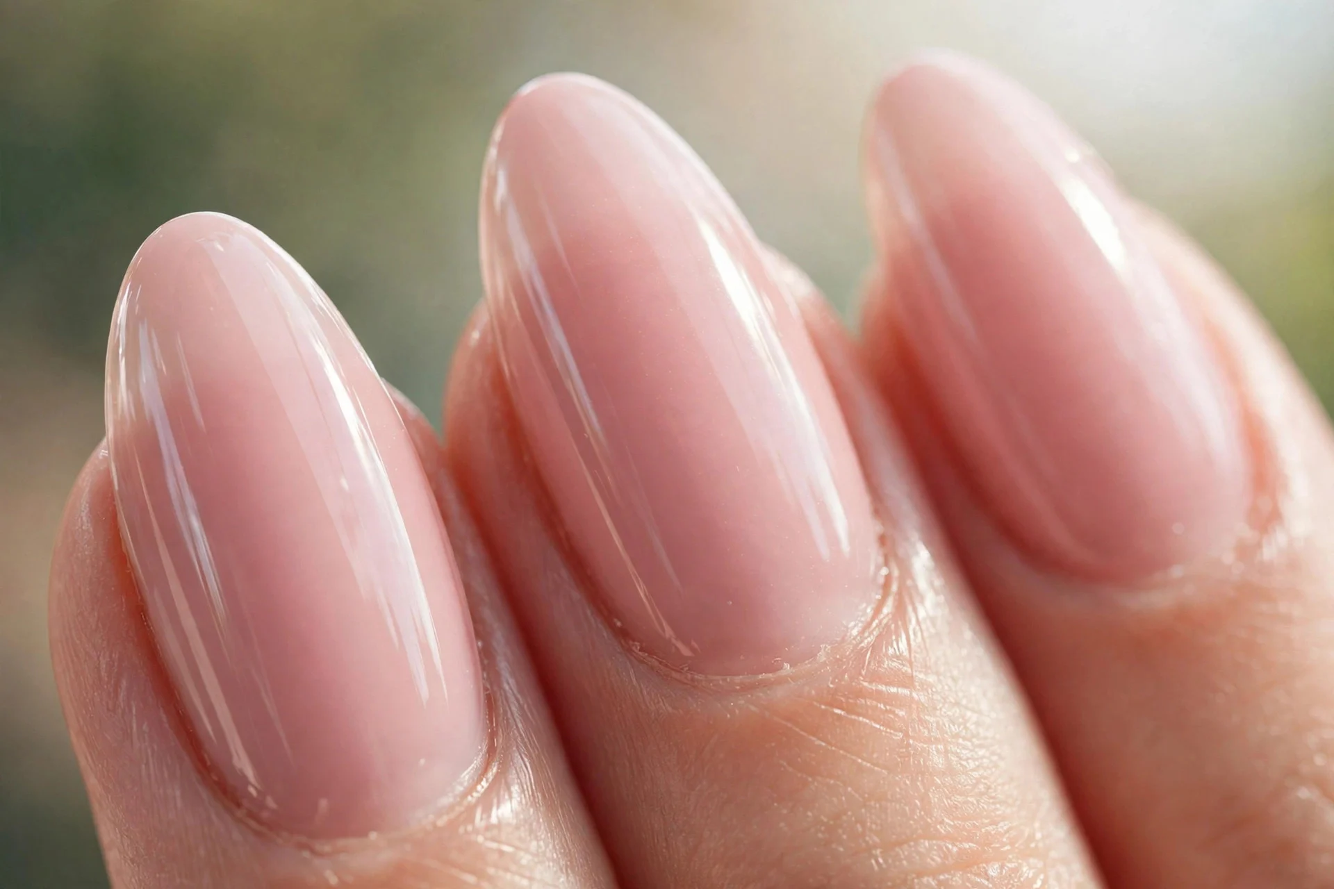 almond nails in blush pink with a glossy top coat