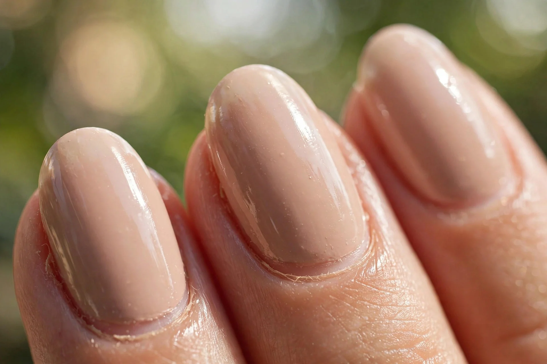 short almond nails in nude dip powder with a glossy seal