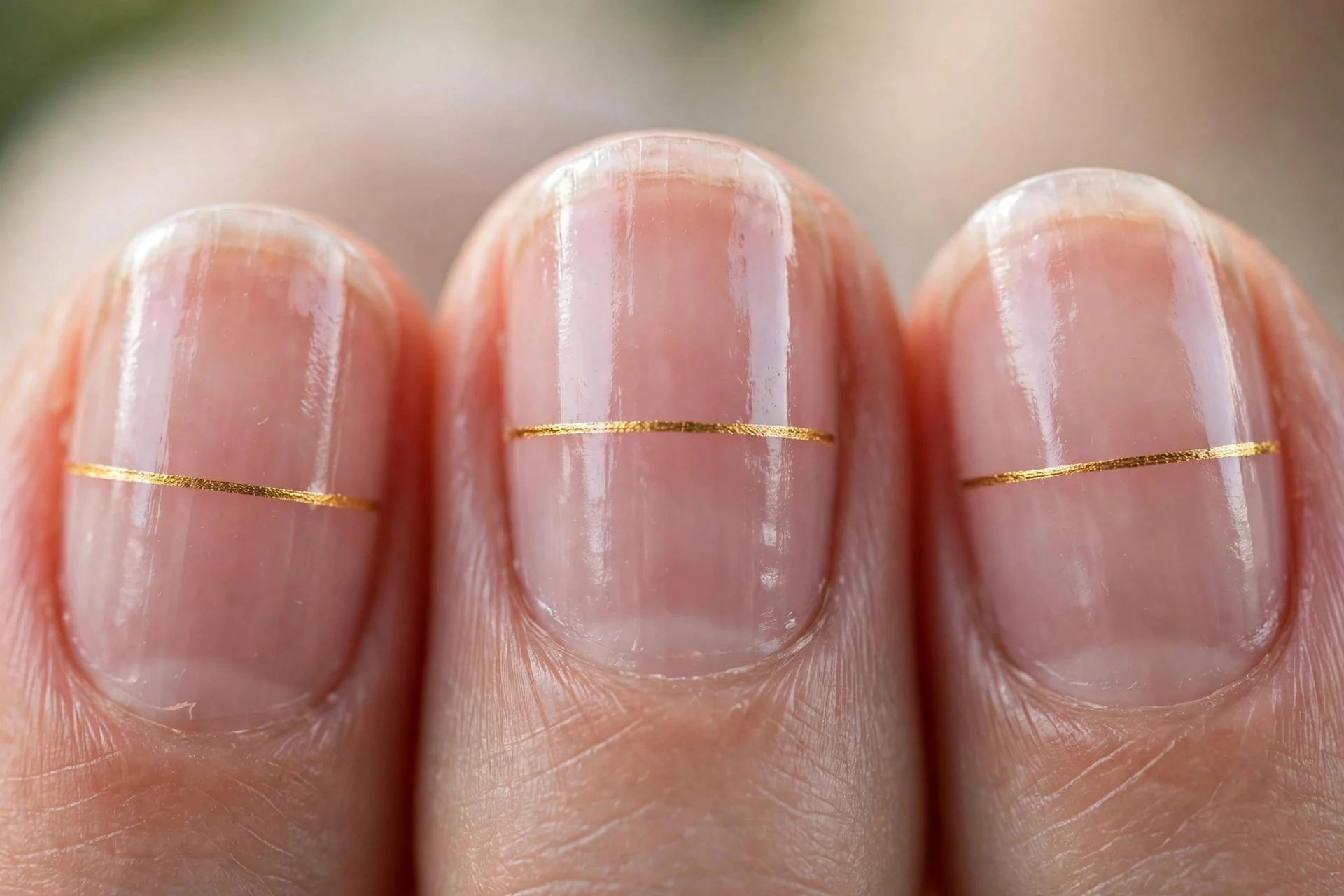 natural nails with clear gloss and a single gold line