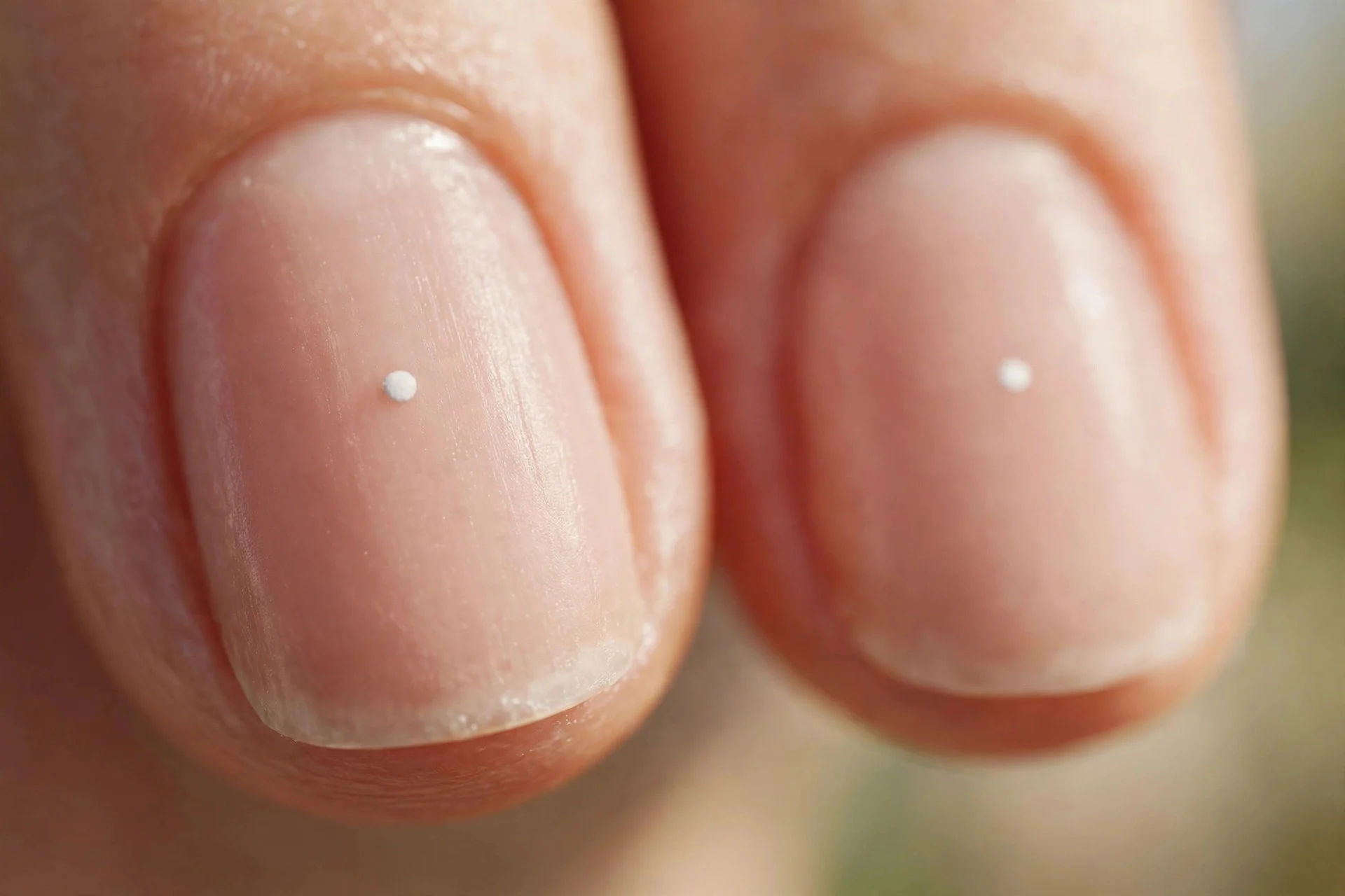 nude nails with one tiny white dot per nail