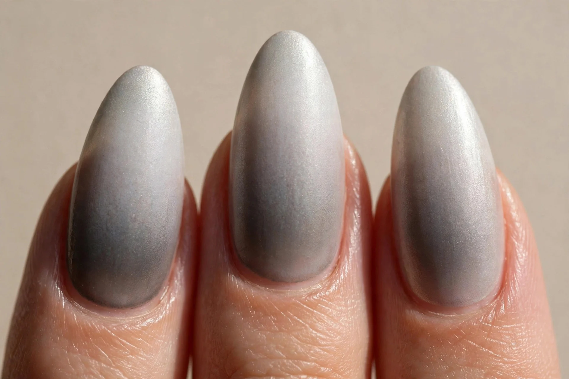 long almond nails, grey ombr&eacute; from smoky mid-grey to pale silver tip