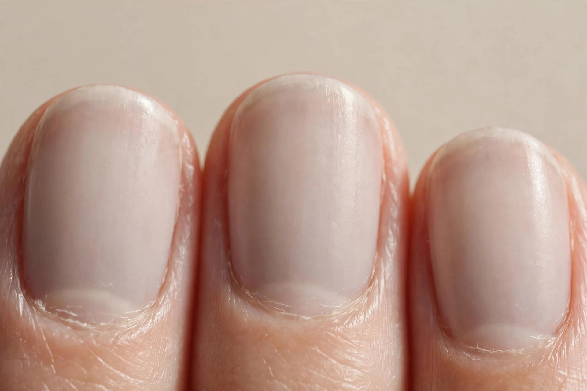 short round nails, sheer greige milk-bath wash, translucent look
