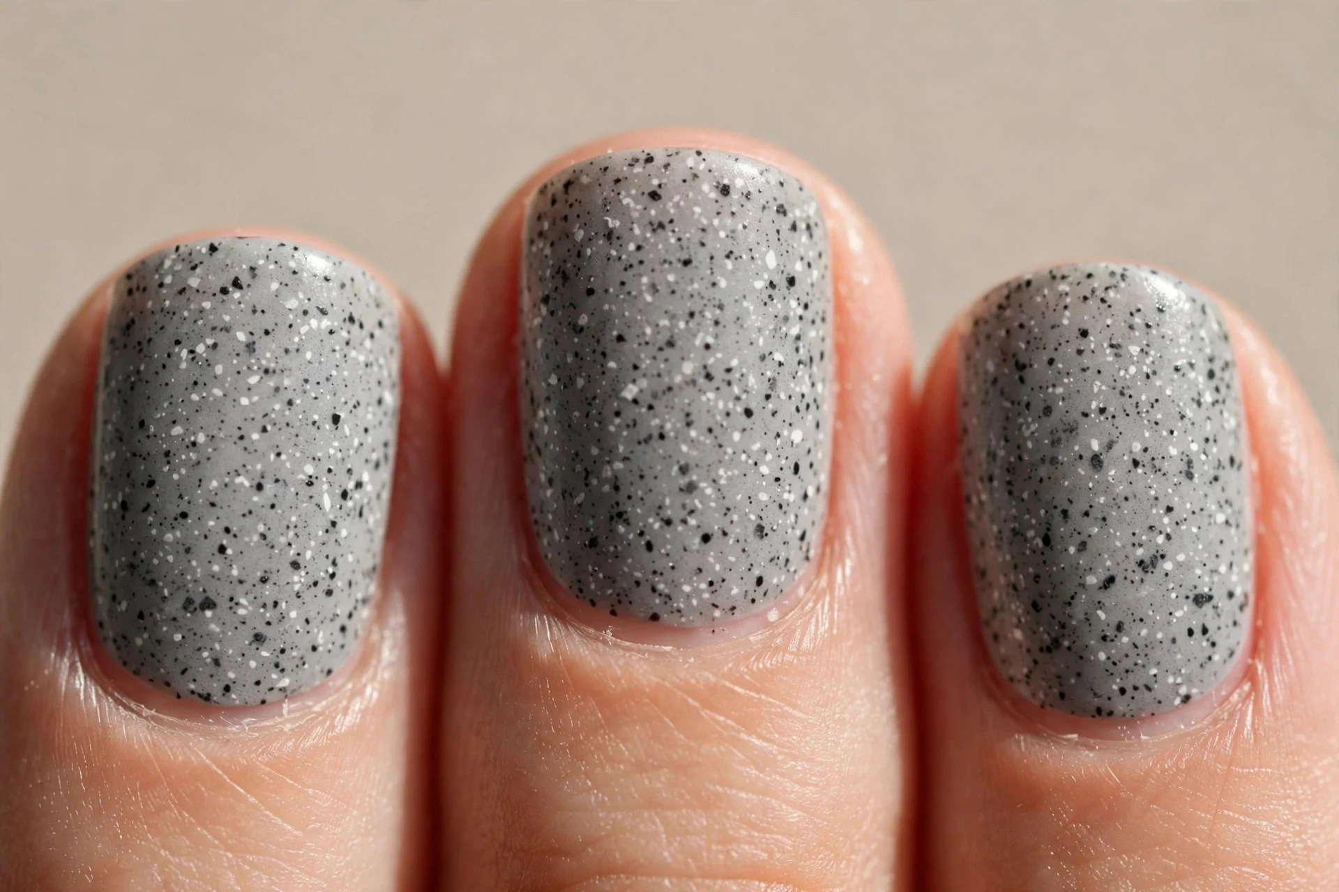 short squoval nails, concrete grey with black and white speckles