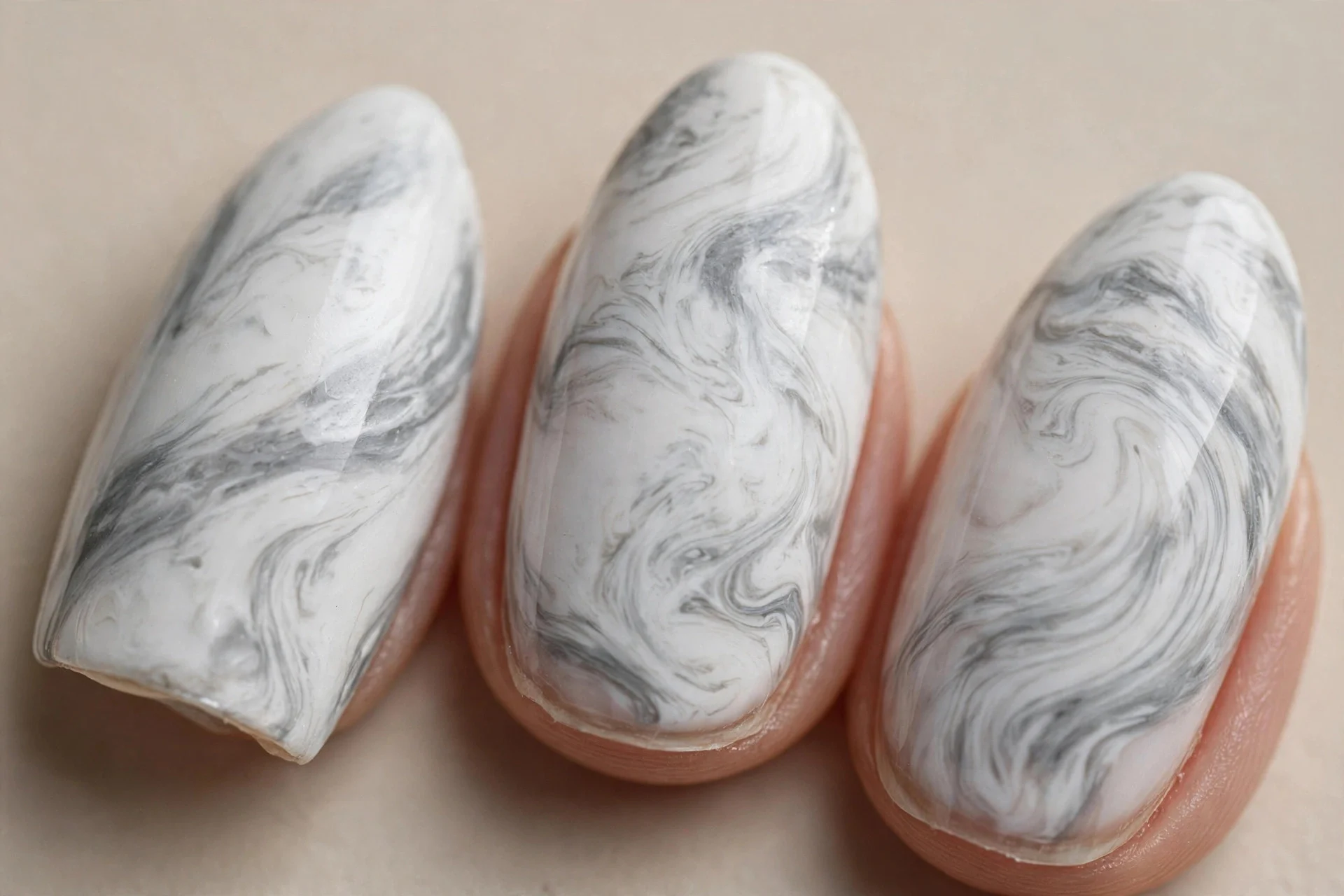 almond nails, white and dove-grey marble swirl, glossy