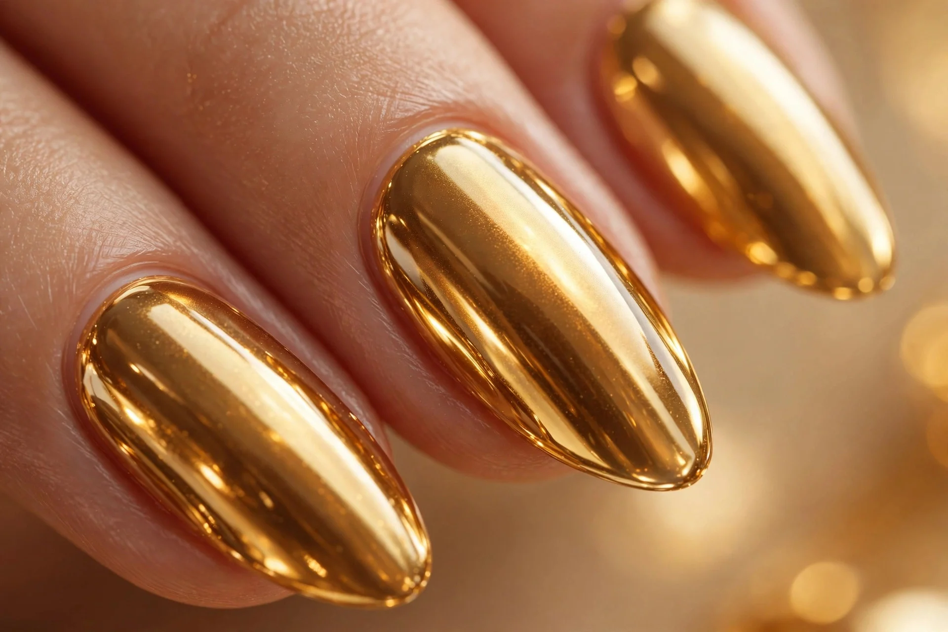 Almond nails with golden honey chrome finish, glowing reflective shine, warm background