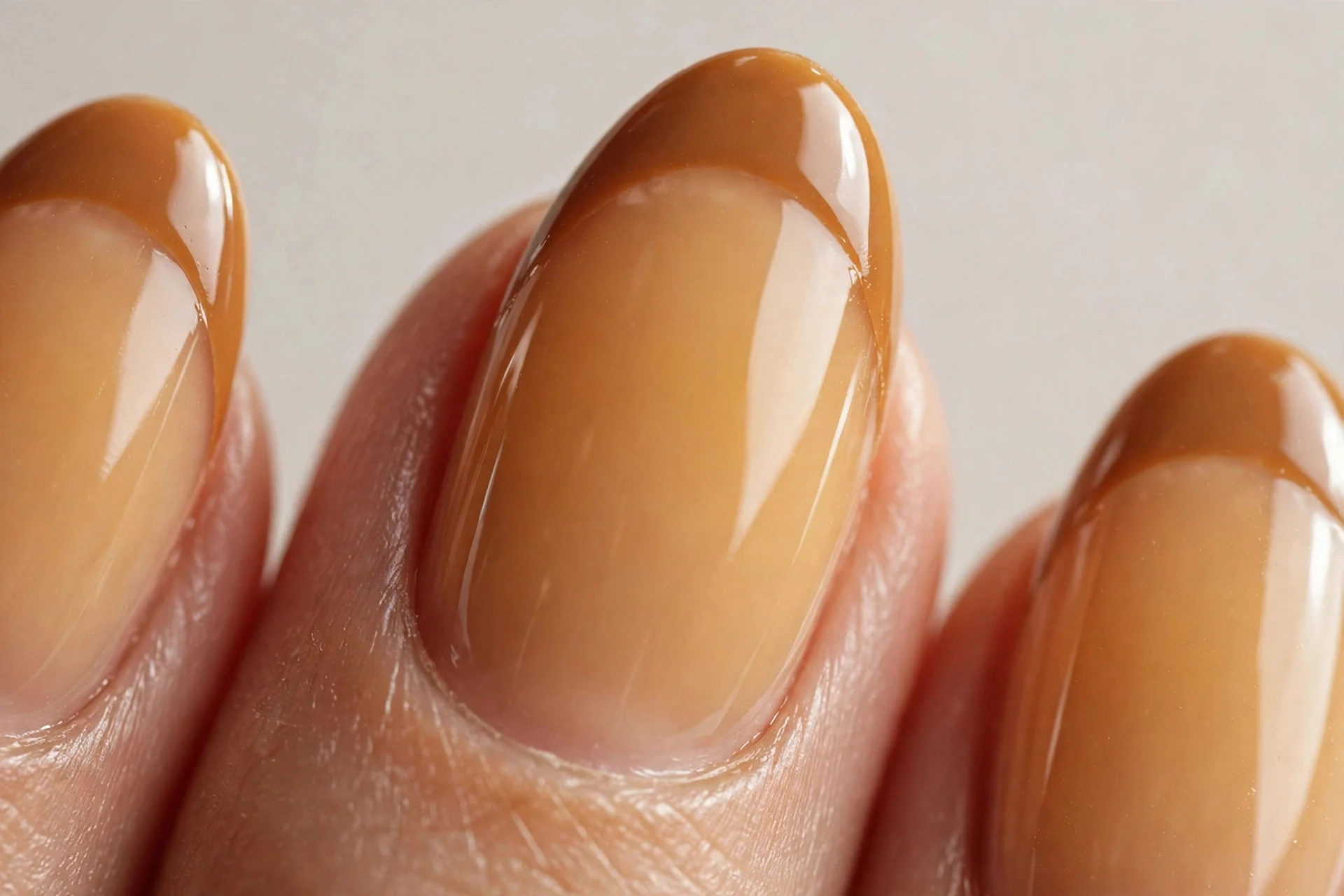 Almond nails with honey base and caramel-toned French tips, glossy, neutral background