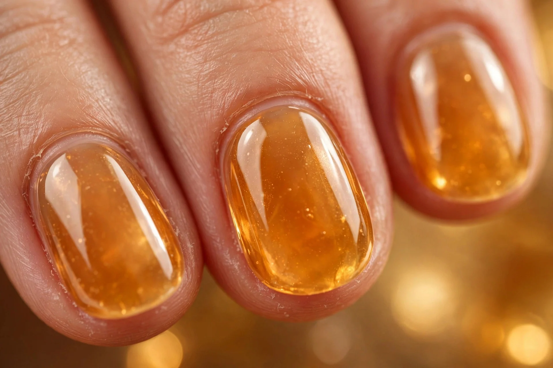 Oval nails with translucent amber jelly polish, gemstone-like glow, glossy, warm background