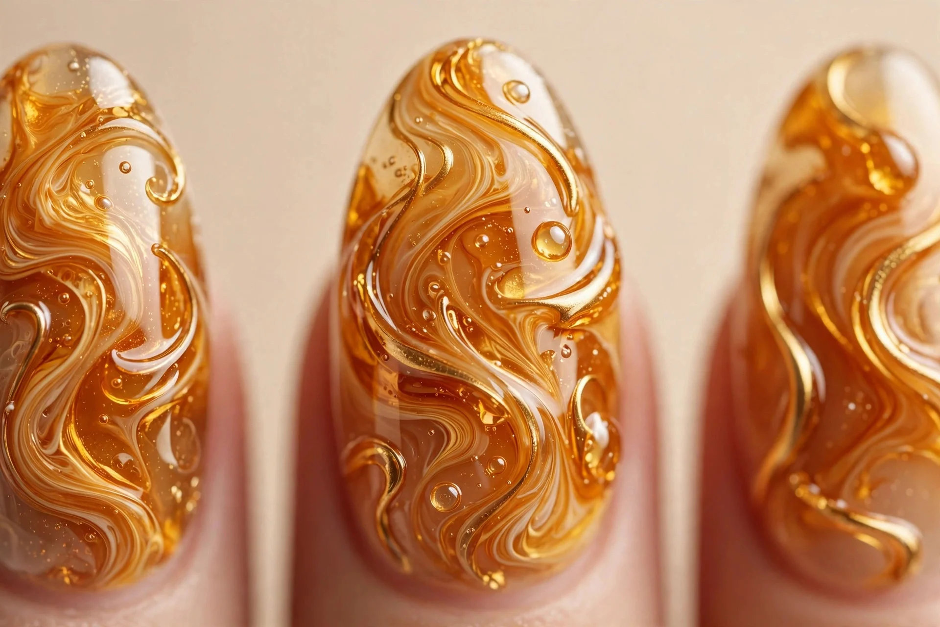 Almond nails with honey and amber resin marbling, golden ribbon swirls, glossy, beige background
