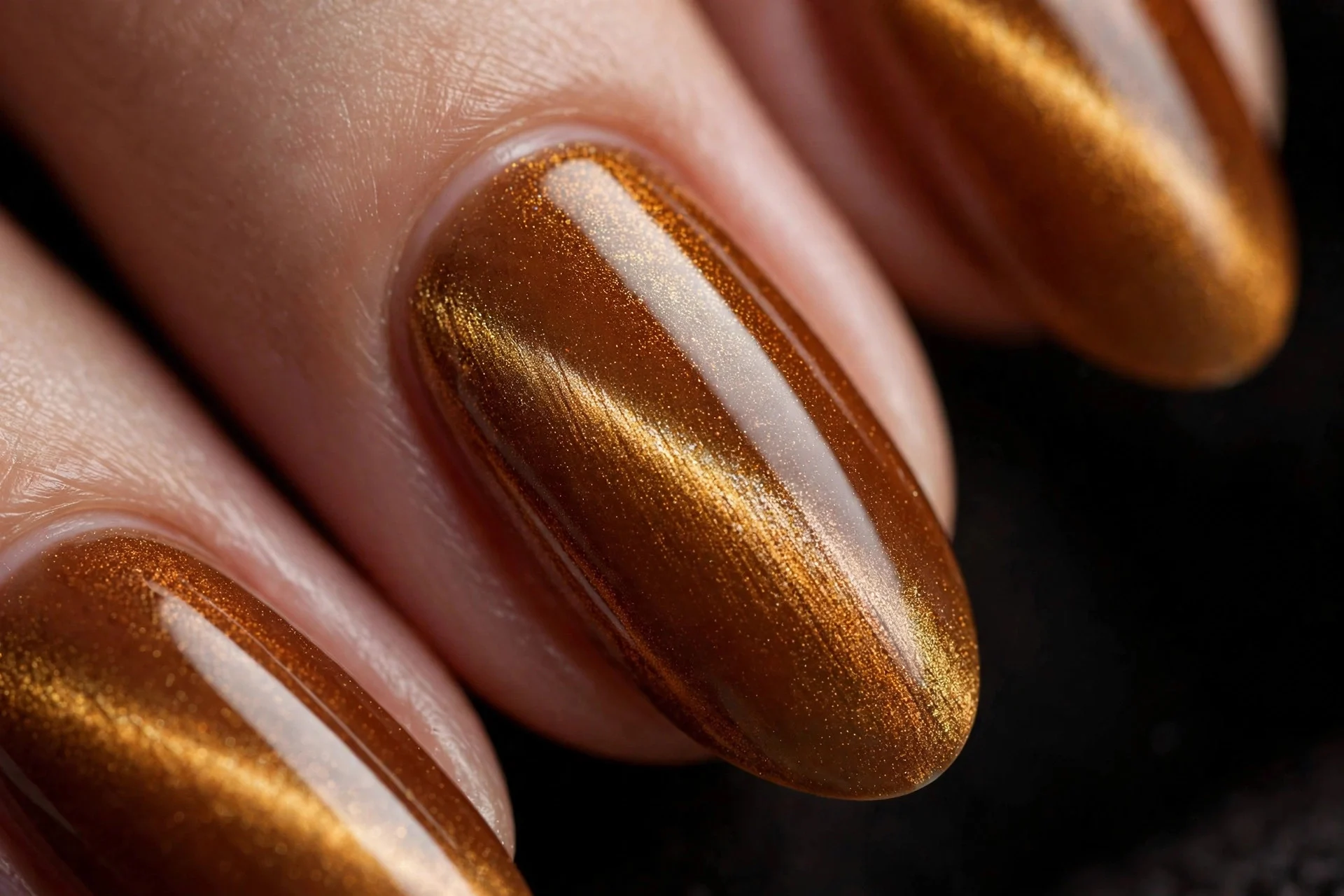 Almond nails with amber magnetic cat eye, diagonal shimmer stripe, glossy, dark background